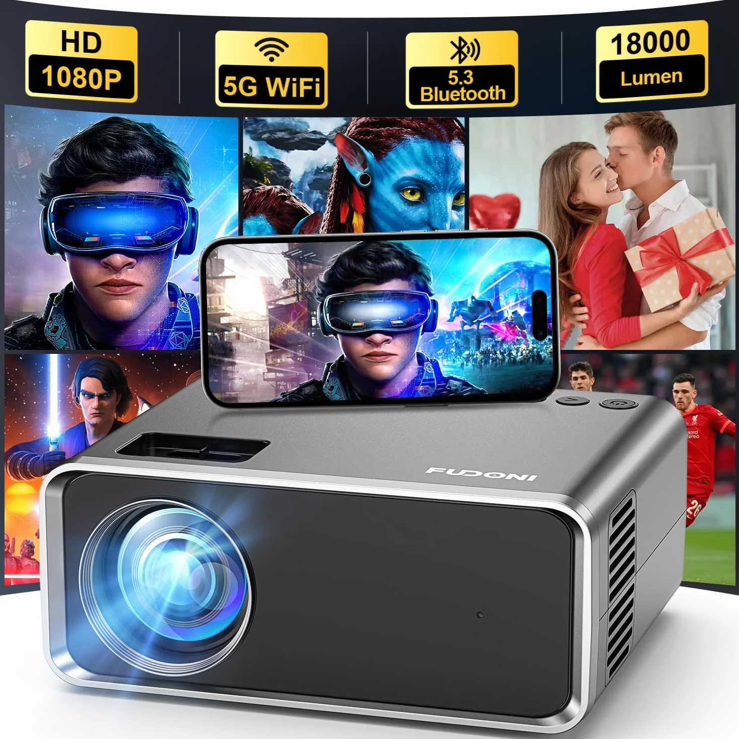 FUDONI Projektor z obsługą WiFi i Bluetooth 4K, ulepszone zewnętrzne projektory filmowe 16000 l, natywny 1080p FHD, projektor wideo do kina domowego, kompatybilny z HDMI/USB/iOS/Android/Windows/TV