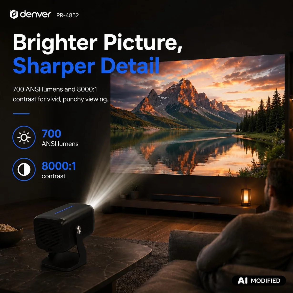 Denver PR-4852 projektor LED 4K UHD, 700 ANSI lumenów, kontrast 8000:1, rozmiar ekranu 45-180 cali