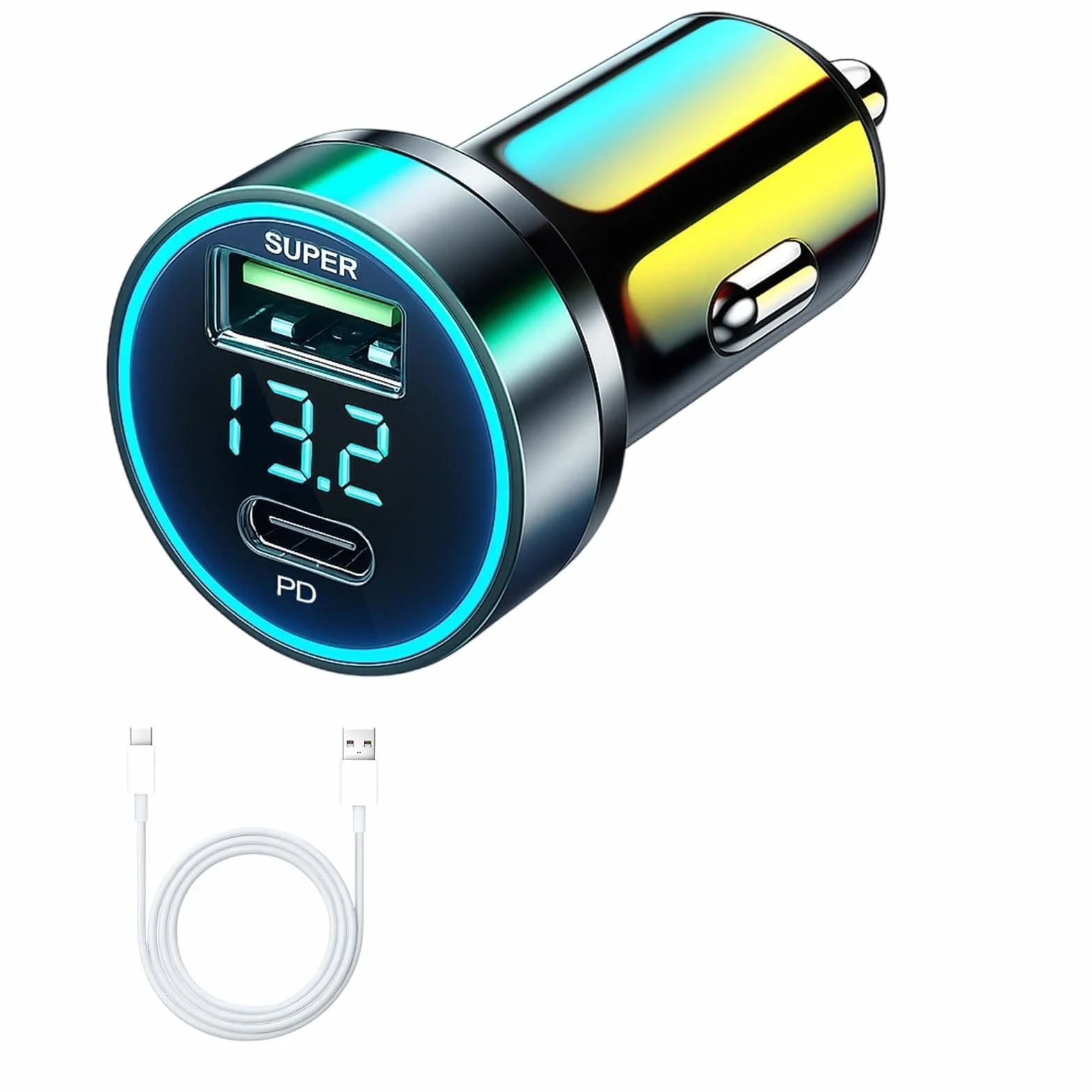 Ładowarka samochodowa USB C, ładowarka samochodowa z 65 W QC i 20 W PD, ładowarka samochodowa z kablem USB C, adapter samochodowy 12 V, adapter do gniazda zapalniczki samochodowej