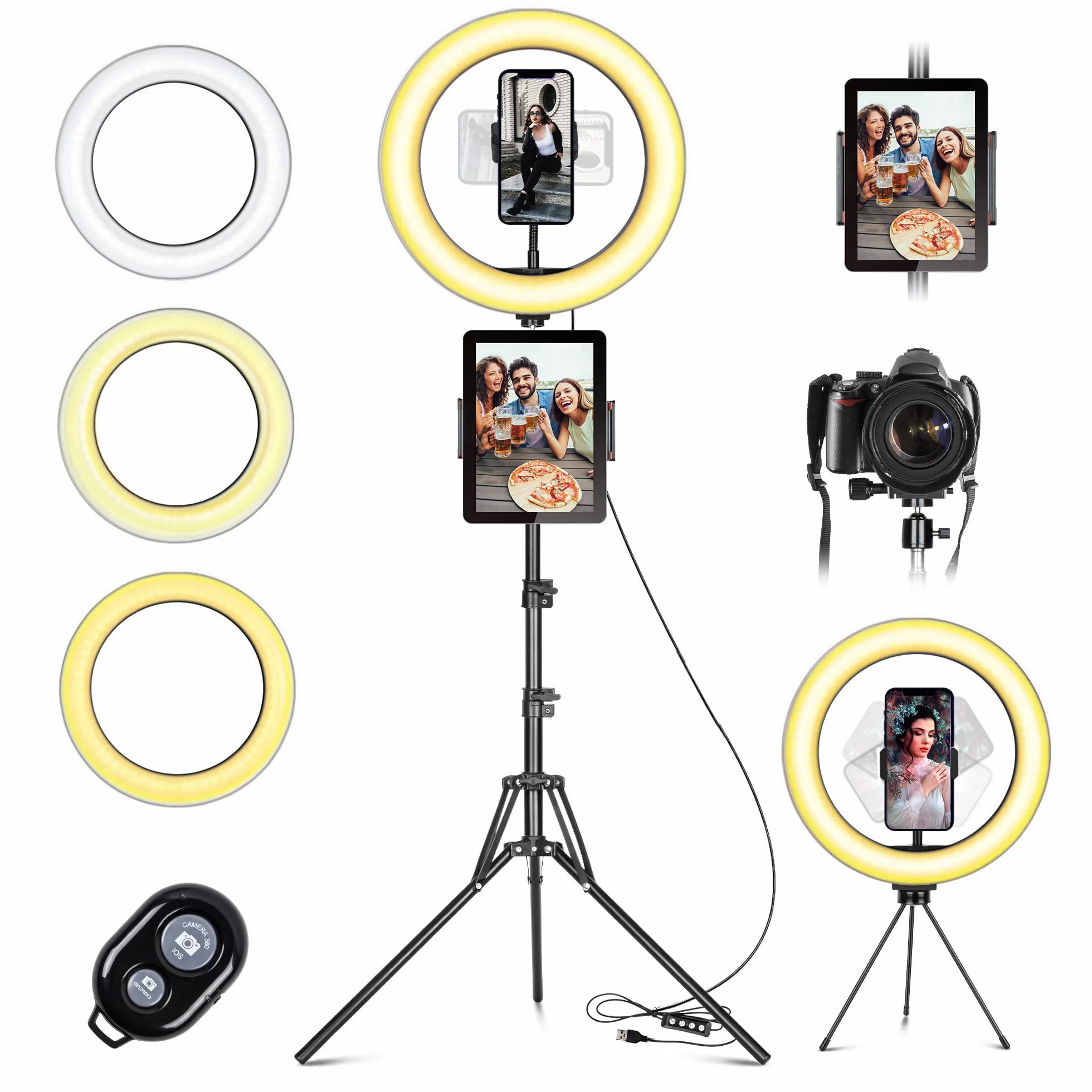 Lampa pierścieniowa LED ze statywem na telefon komórkowy, 10" lampa pierścieniowa do selfie z pilotem zdalnego sterowania i podwójnym uchwytem na telefon komórkowy z 3 kolorami i 10 poziomami