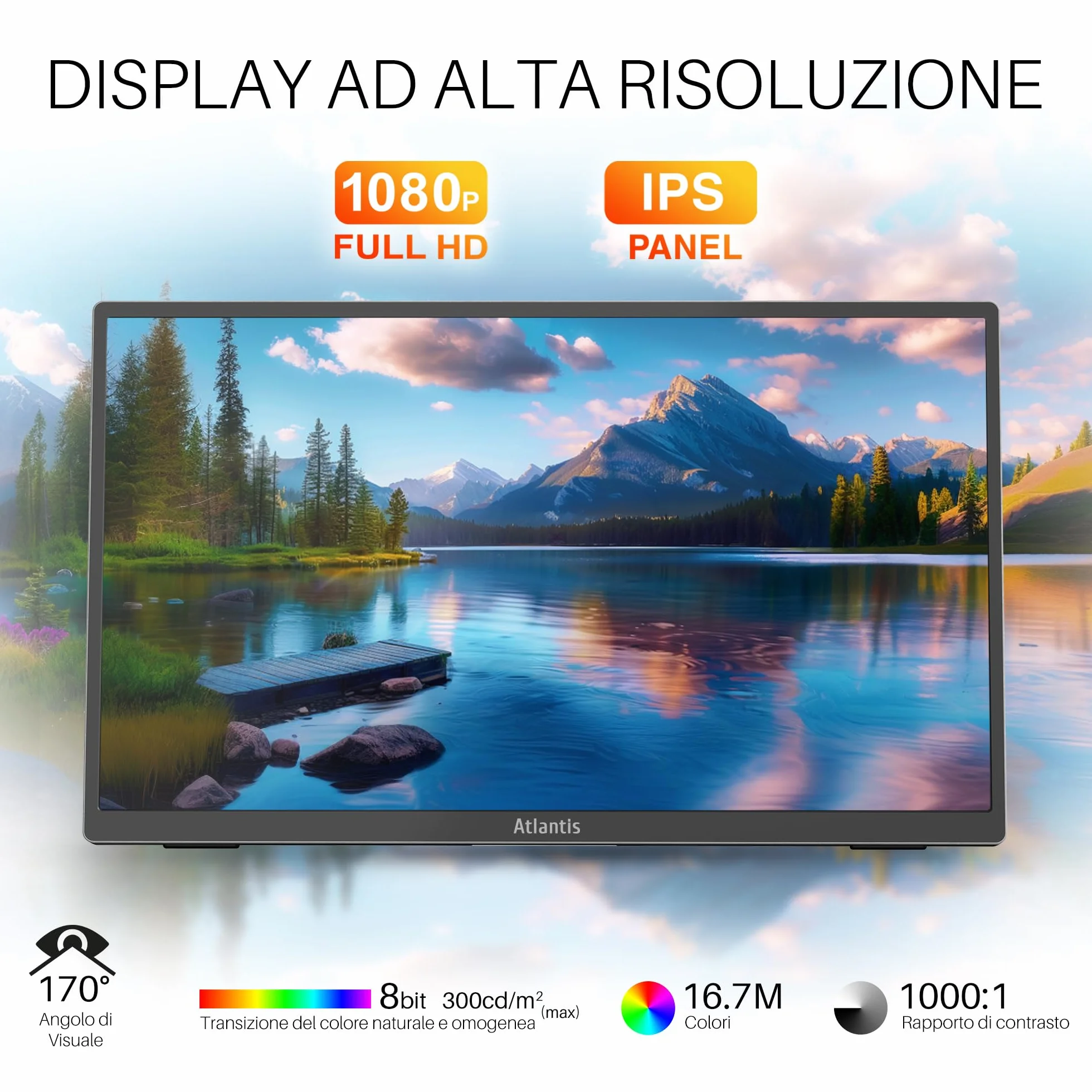 ATLANTIS 16-calowy ekran dotykowy 1080P Full HD 1920 x 1080, HDMI/Type_C, głośnik 2 x 1 W, regulowane nachylenie, ekran IPS, do laptopa/konsoli 170/170, kabel HDMI 1,5