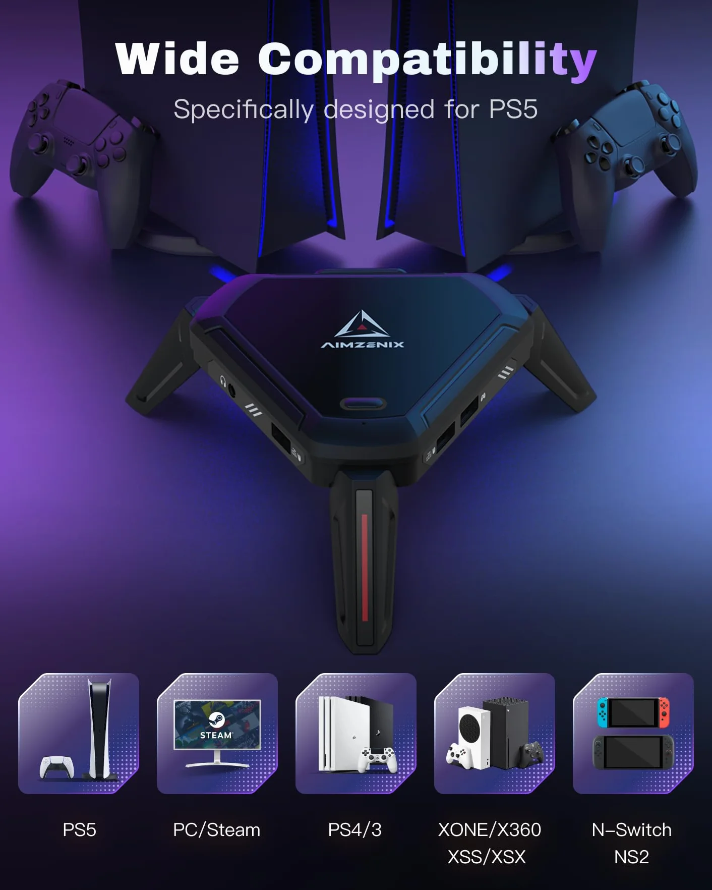 AIMZENIX Monster - Adapter emulatora do PS5, PS4, PS3, Xbox ONE, Xbox 360, Xbox Series X/S, Nintendo Switch, PC, kontroler gier wideo z portem sieciowym do PS5, z gniazdem audio 3,5 mm