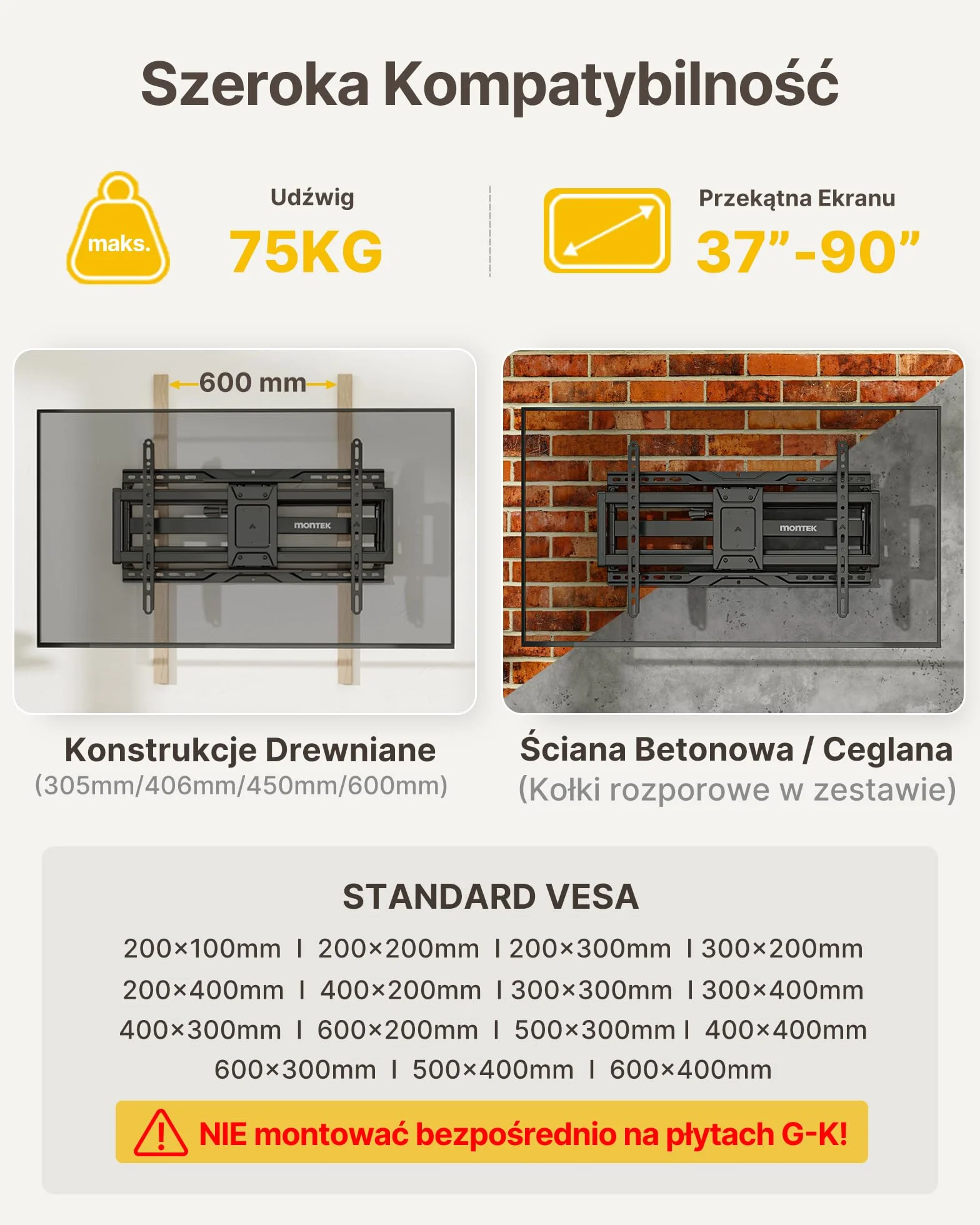 monTEK Uchwyt ścienny do telewizorów 37–90cali do 75 kg,maks.VESA600x400mm | 2026 New,Full Motion,Heavy Duty,Extended 638mm Dual Arm,Tool-Free Tilt & Swivel,Easy Assembly,Tools included