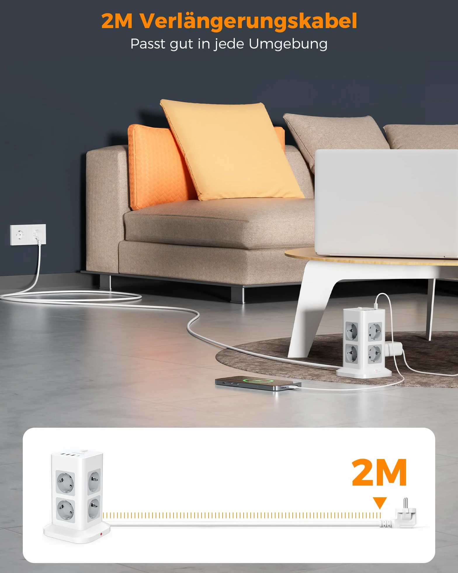 TESSAN Listwy zasilające, ochrona przed przeciążeniem, 8 gniazd, z 3 USB A i USB C, listwa zasilająca pionowa z przełącznikiem, przedłużacz 2 metry, złodziejka 3600 W