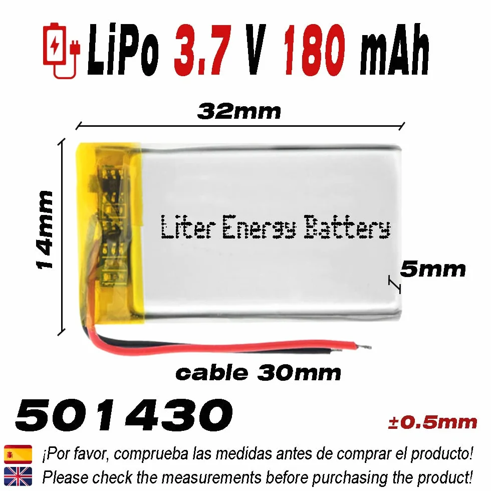 Bateria LiPo 3.7V 180mAh 501430 1S 5C 32x14x5mm Akumulator litowo-polimerowy