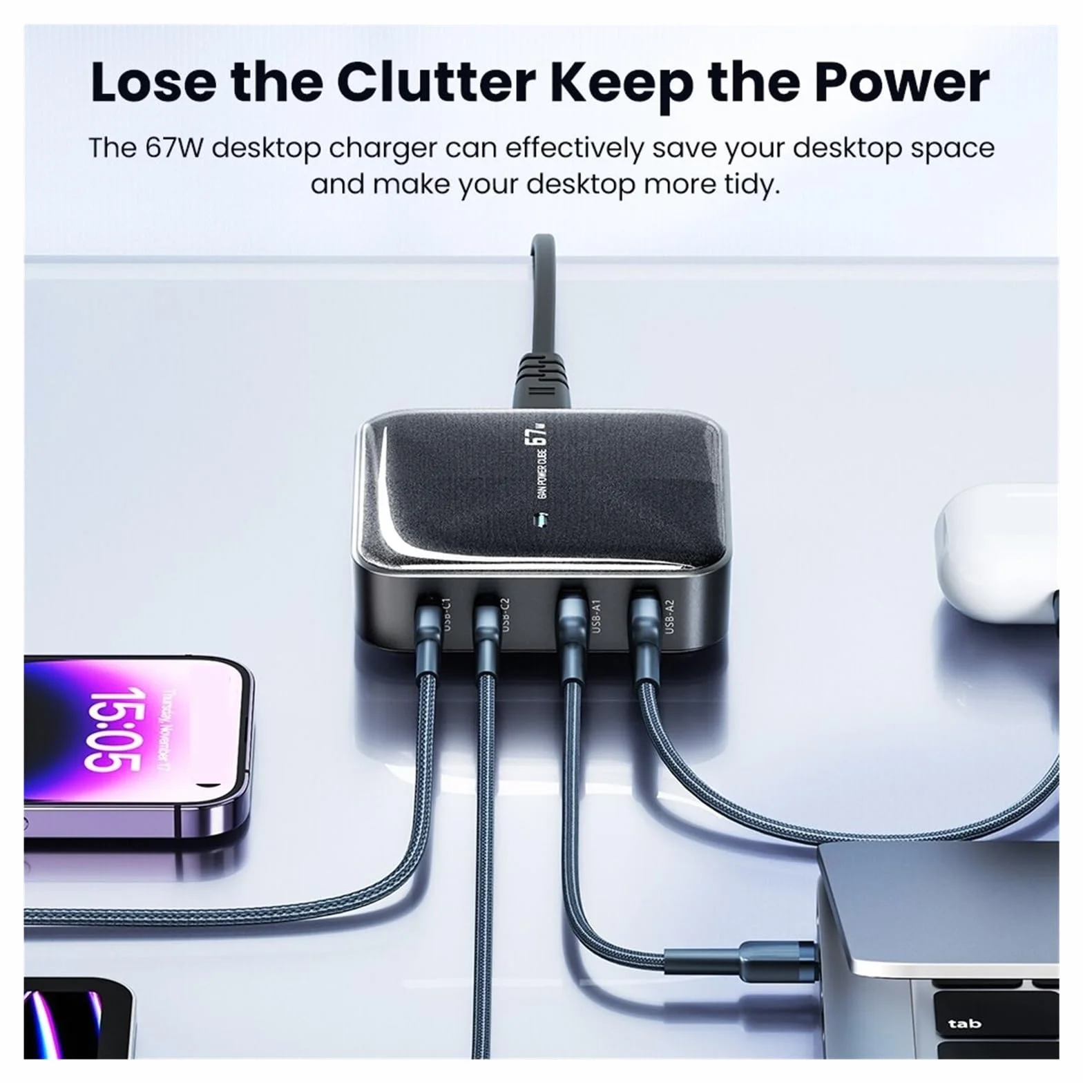 Ładowarka Stacja ładująca Wieloportowa USB 67 W Stacjonarna Typ C PD QC Szybkie ładowanie MożLiwość Szybkiego łAdowania(Black)