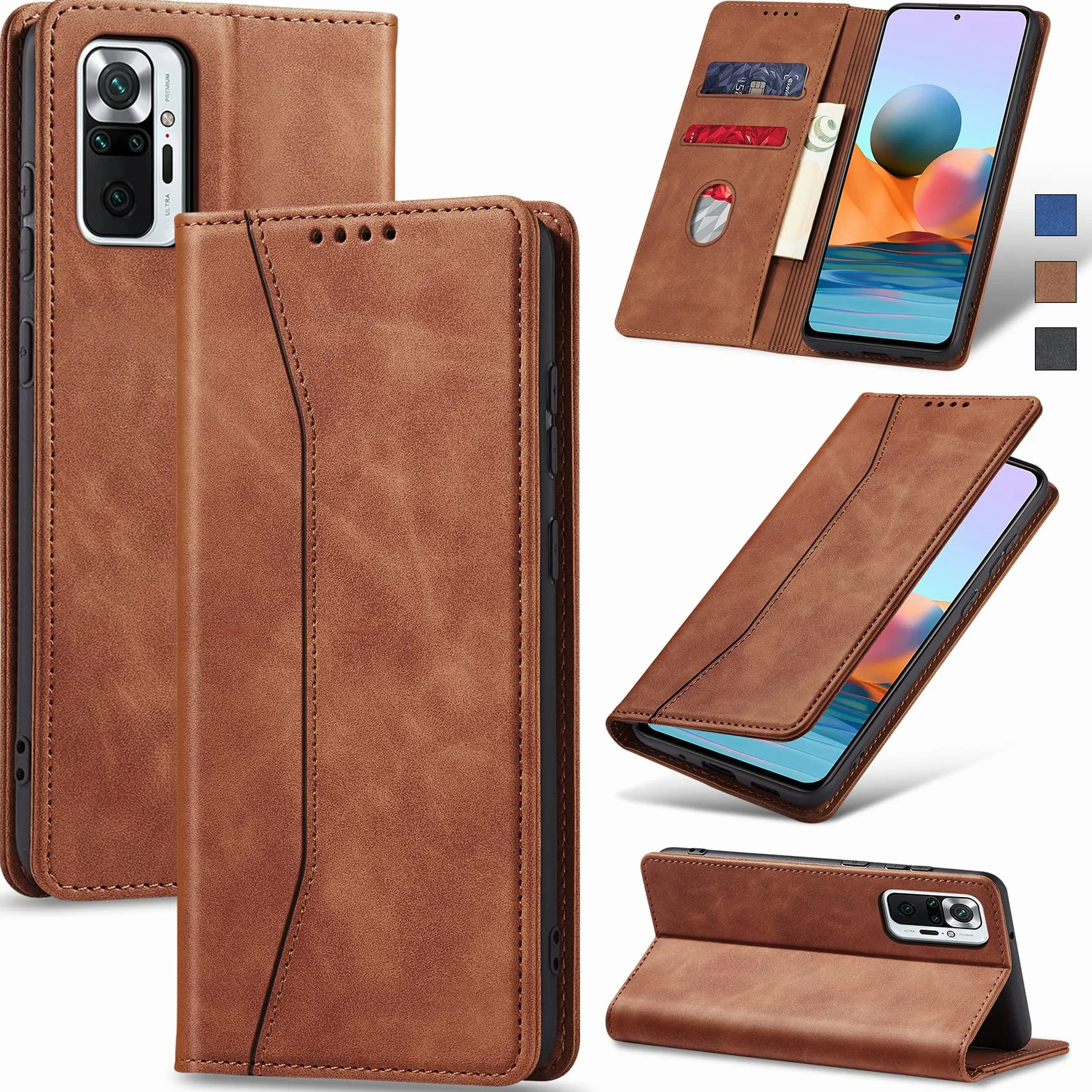 Jasonyu Etui z Klapką dla Xiaomi Redmi Note 10 Pro/Note 10 Pro Max - Skórzana Klapka z Magnesem, Uchwyt na Karty i Podpórką, Ochrona Przed Wstrząsami TPU (Brązowy)