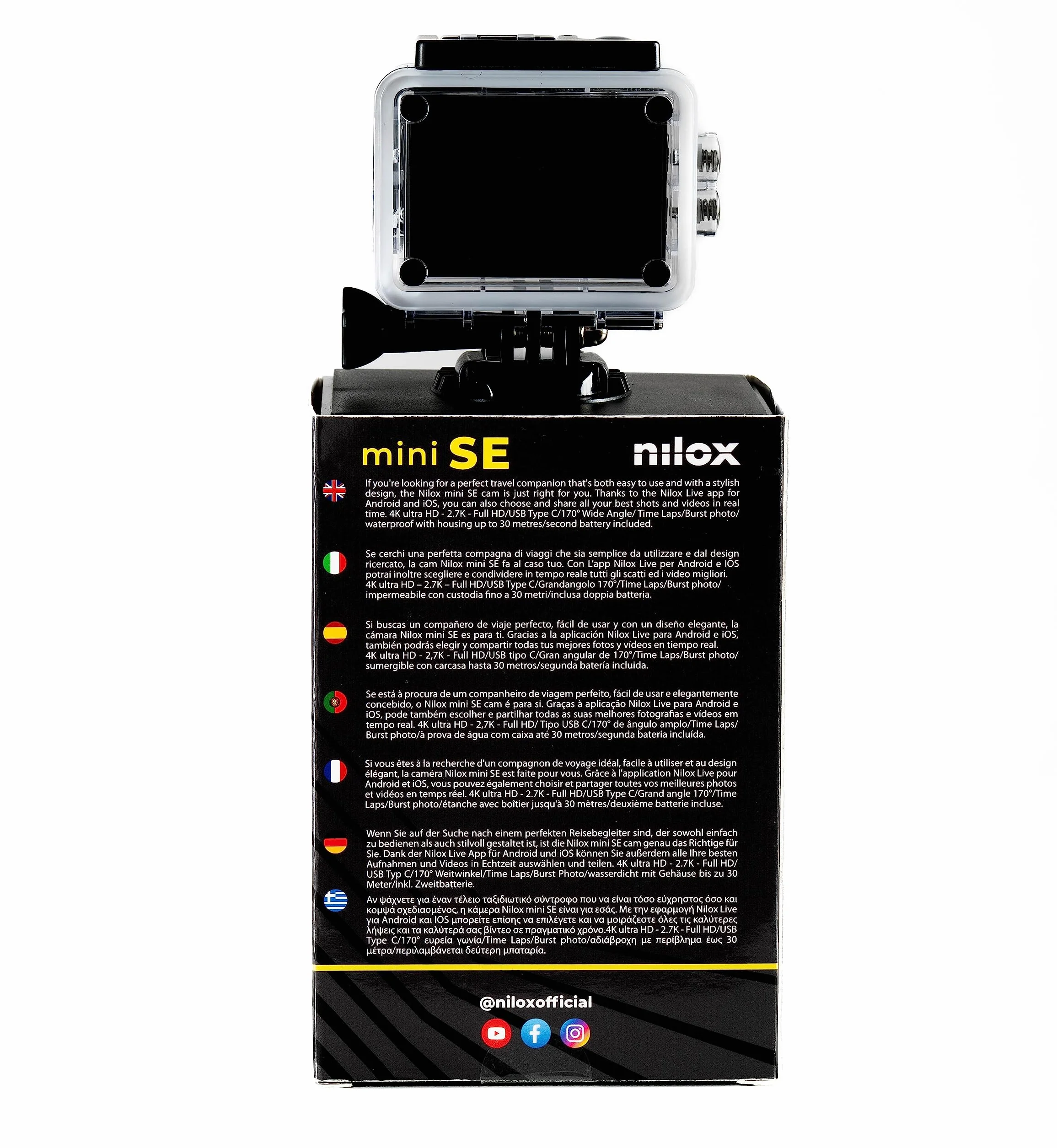 Nilox Action Cam Mini-SE, Action Cam 4k WiFi z rozdzielczością 4K/30 fps, elektroniczny stabilizator, ekran 2" LCD, pamięć 64 GB, kąt widzenia 170°, z wodoodporną obudową do 30 m