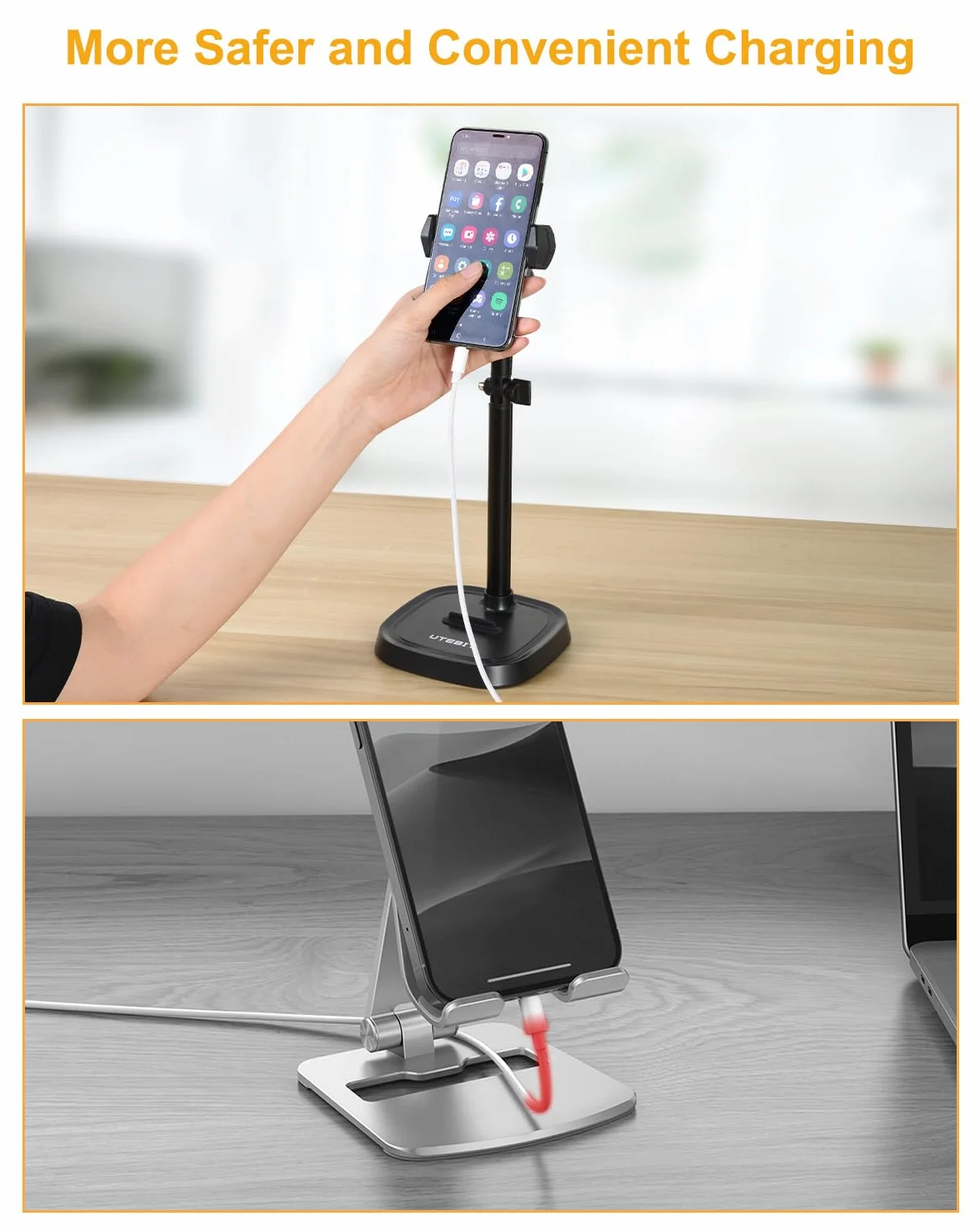 UTEBIT Stojak na telefon do biurka, Regulowana uchwyt na telefon, Wielo-kątowy uchwyt na telefon, Stojak na telefon do biurka Kompatybilny z iPhone 14 13 12 11 Pro Max/Galaxy/Huawei/Xiaomei