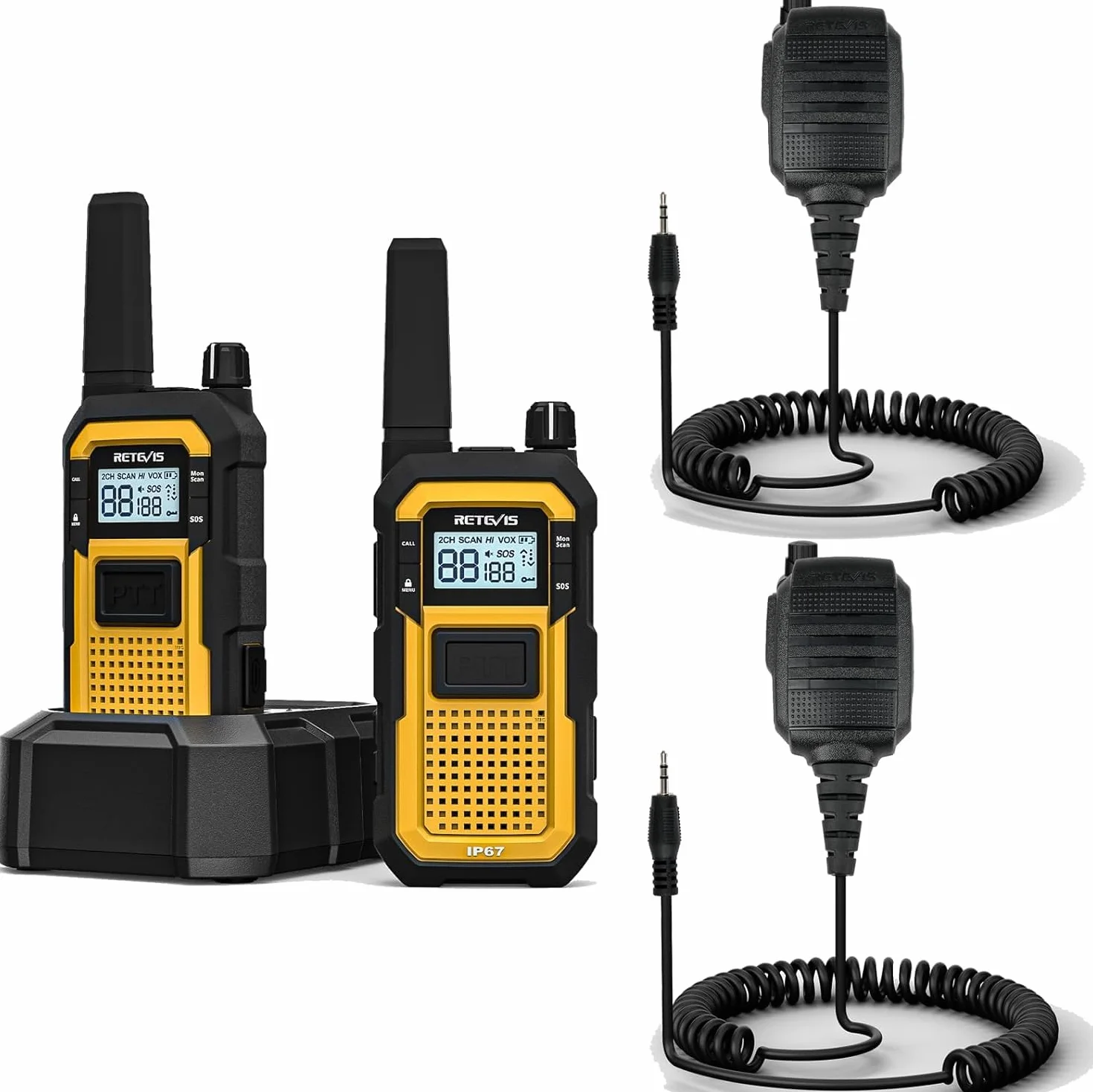 Retevis RB648 Krótkofalówka IP67, Walkie Talkie, Radio Dwukierunkowe MIL-STD-810H, Podwójny PTT, z Mikrofonogłośnikiem z AI Redukcją Szumów (w mikrofonie), Do Przemysłu (2 Szt., Żółty)