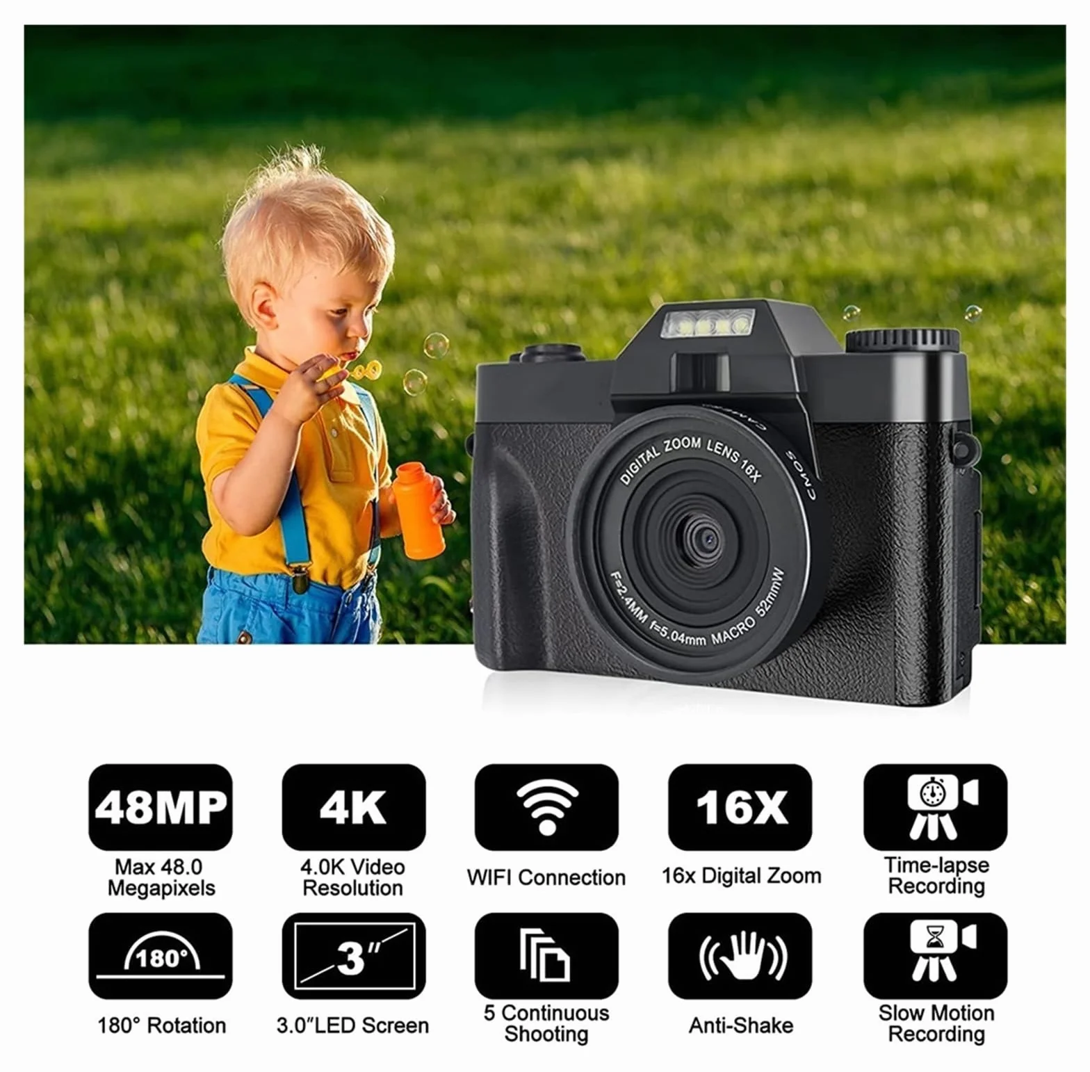 Cyfrowy aparat 48 MP 4K 180 ° Flip Screen Cyfrowa kamera internetowa do szerokokątnego obiektywu makro Z łatwością Uchwyć Wspaniałe Chwile(32G,With Wide angle lens)