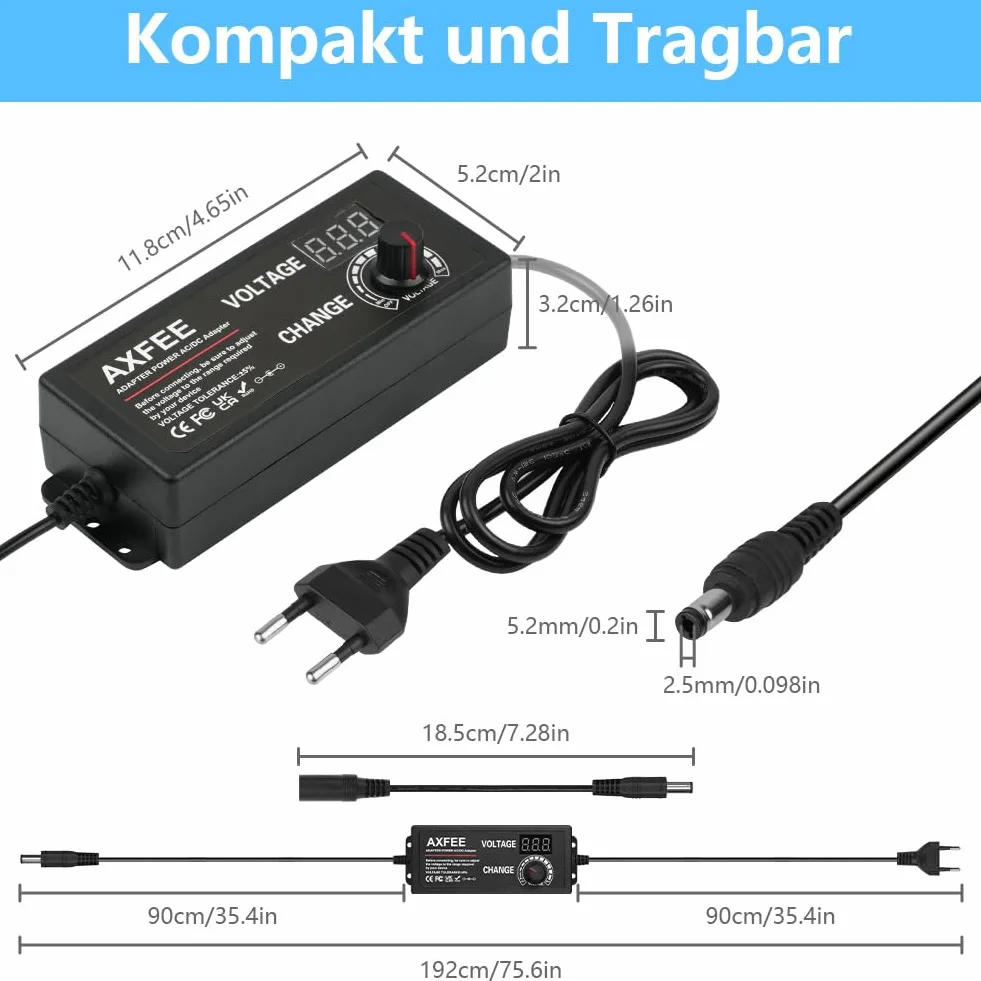 AXFEE Regulowany adapter sieciowy 3 A 72 W, zasilacz 3 V-24 V, uniwersalny 100 V-240 V AC na DC, 5,5 mm z 14 adapterami