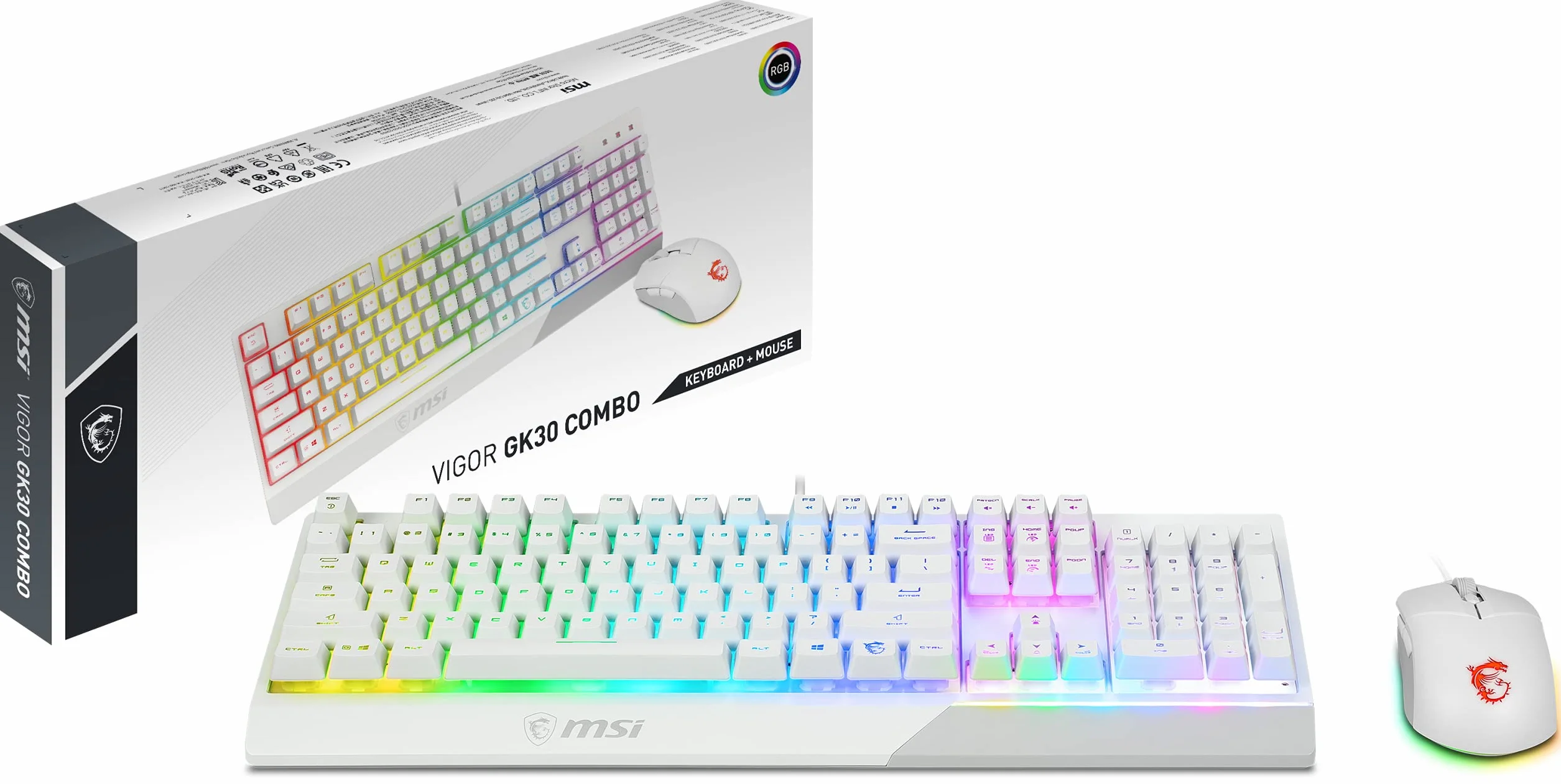 msi Vigor GK30 Biała Hiszpańska Klawiatura Mecamembrana z białą gamą RGB i MSI Clutch GM11