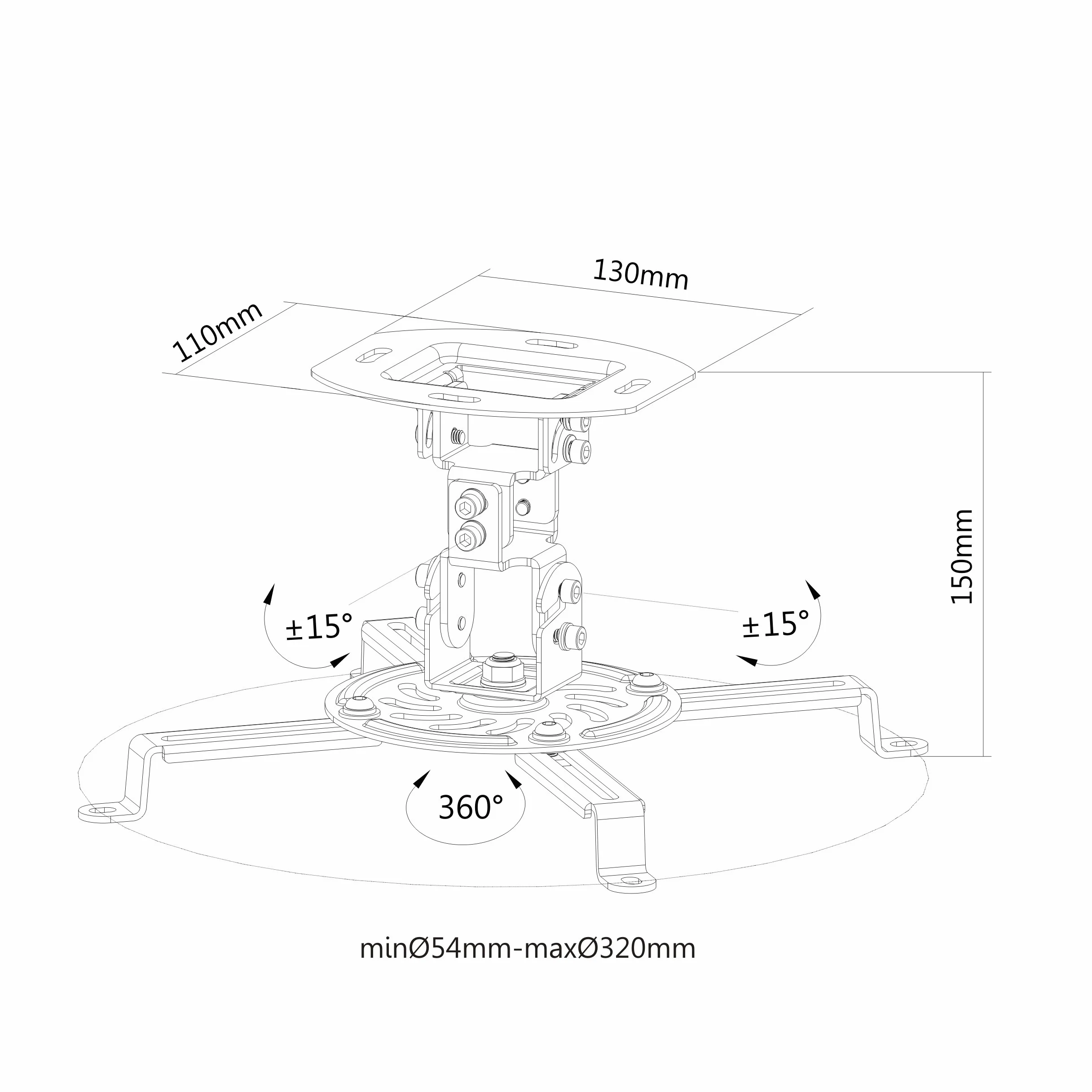 conecto CC50280 uchwyt sufitowy do projektora, możliwość pochylenia od -15° do +15°, obracany o 360°, rozstaw sufitowy 150 mm, nośność maks. 13,5 kg, uniwersalny zakres montażu 54-320 mm, biały