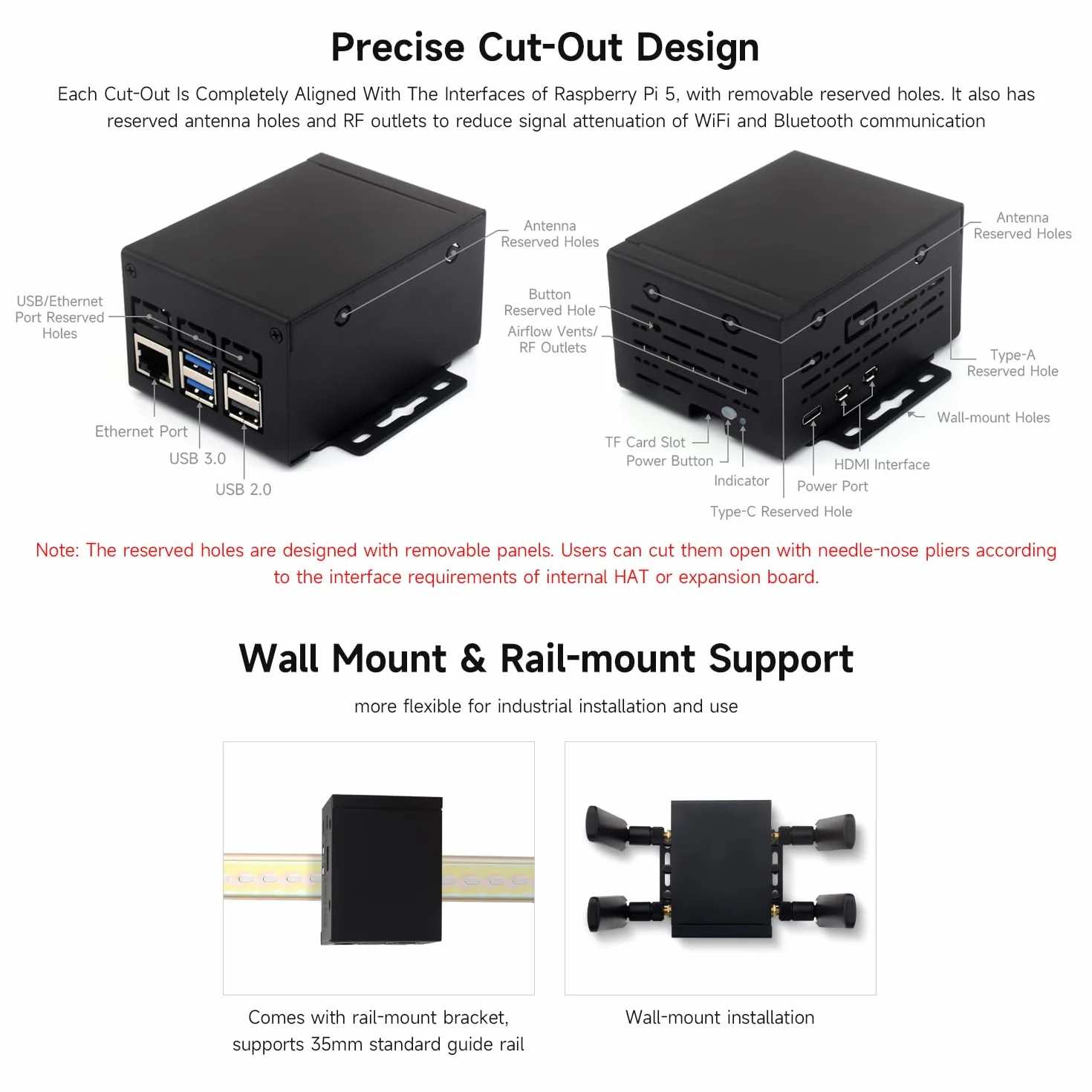 Waveshare Industrial Grade Metal Case (D) For Raspberry Pi 5, Larger Internal Space, Supports Installing Official Cooling Fan And Various HATs, Wall-Mount And Rail-Mount Support