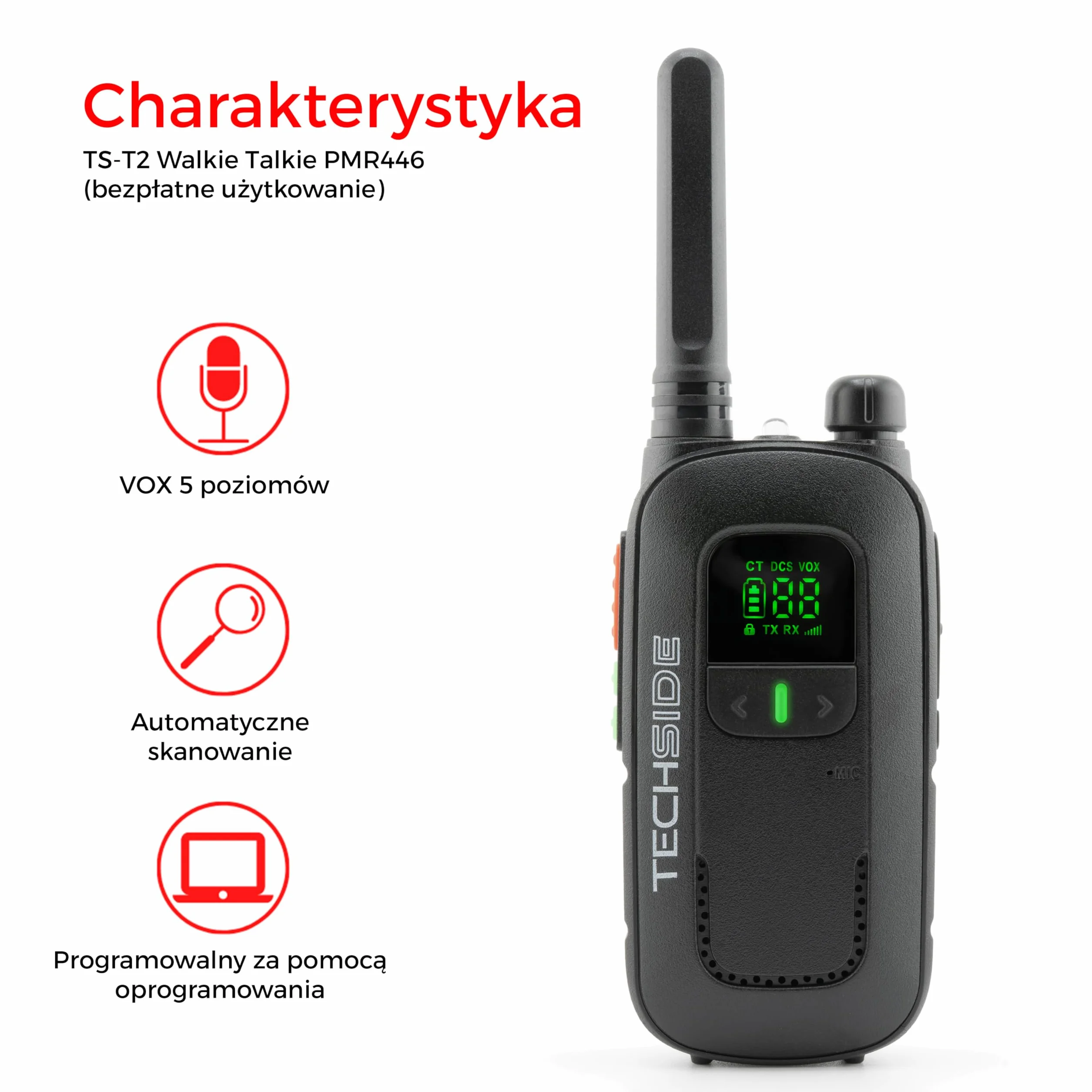 Techside TS-T2 Profesjonalna Krótkofalówka Walkie Talkie PMR446 16 Kanałów (Bez Zezwoleń) | VOX 5 Poziomów | Automatyczne Skanowanie Kanałów | Słuchawka i Ładowarka USB Pełny Zestaw | Zestaw 6 szt.