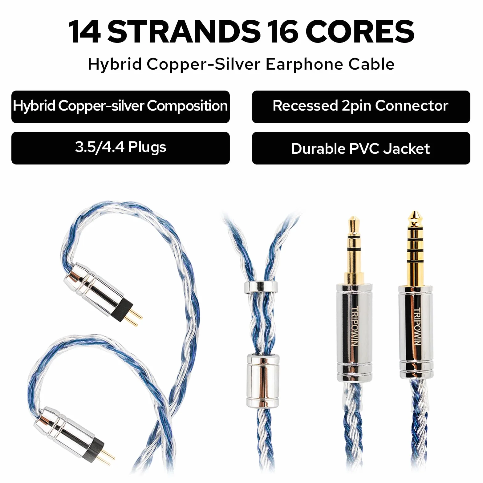 Linsoul Tripowin C-01 kabel IEM, 16-żyłowy hybrydowy kabel miedziano-srebrny, OFC i posrebrzana miedź, zapasowy kabel HiFi do słuchawek przewodowych (2-pinowy, 4,4 mm)
