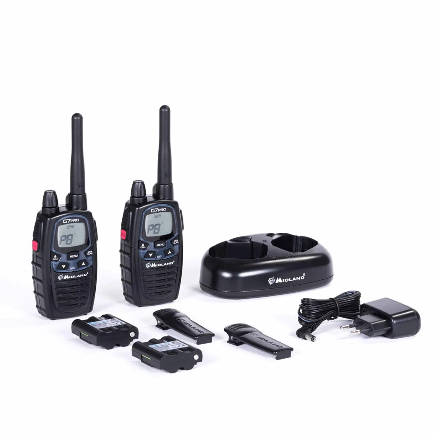 Midland G7 Pro C1090.13, Radio OdbiornikNadawczy Walkie Talkie 8 Kanałów PMR446, Baterie Ładowalne AA 800 mAh, Ładowarka Stacjonarna i Uchwyt Na Pas, 2 OdbiornikiNadawcze