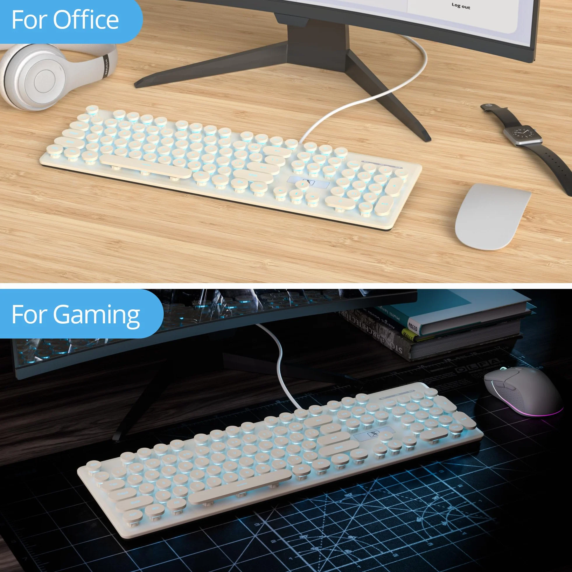 Podświetlana klawiatura PC, podświetlane klawiatury z podświetleniem LED z uroczymi okrągłymi klawiszami, 104 klawisze pełnowymiarowa klawiatura USB do PC/Win/Mac/laptopa QWERTY Amerykańska