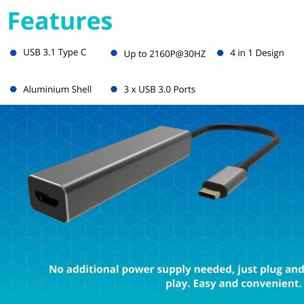 VCOM DH318 koncentrator USB typu C na USB 3.0 x 3 + HDMI 4 w 1, czarny