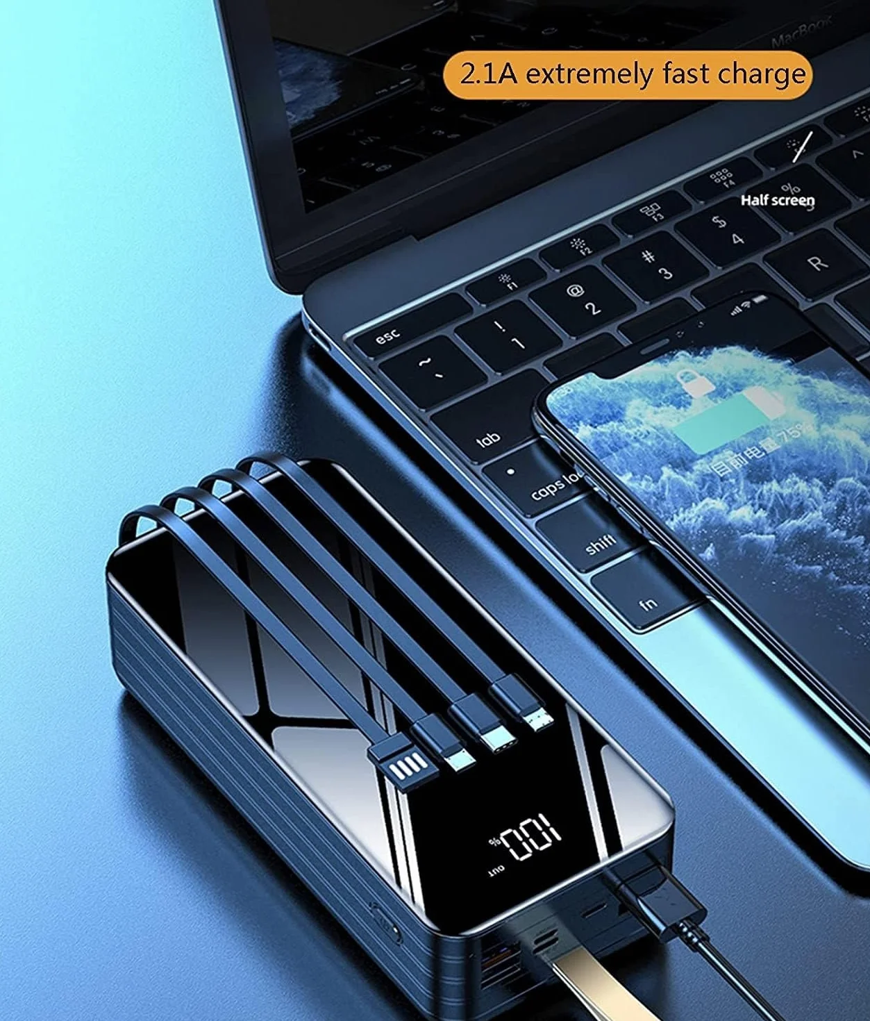 Przenośna ładowarka powerbank wbudowane kable do ładowania prosta stylowa i kompaktowa konstrukcja szybkie ładowanie 40000-100000 mAh akumulator USB o dużej pojemności do smartfonów, tabletów, konsol