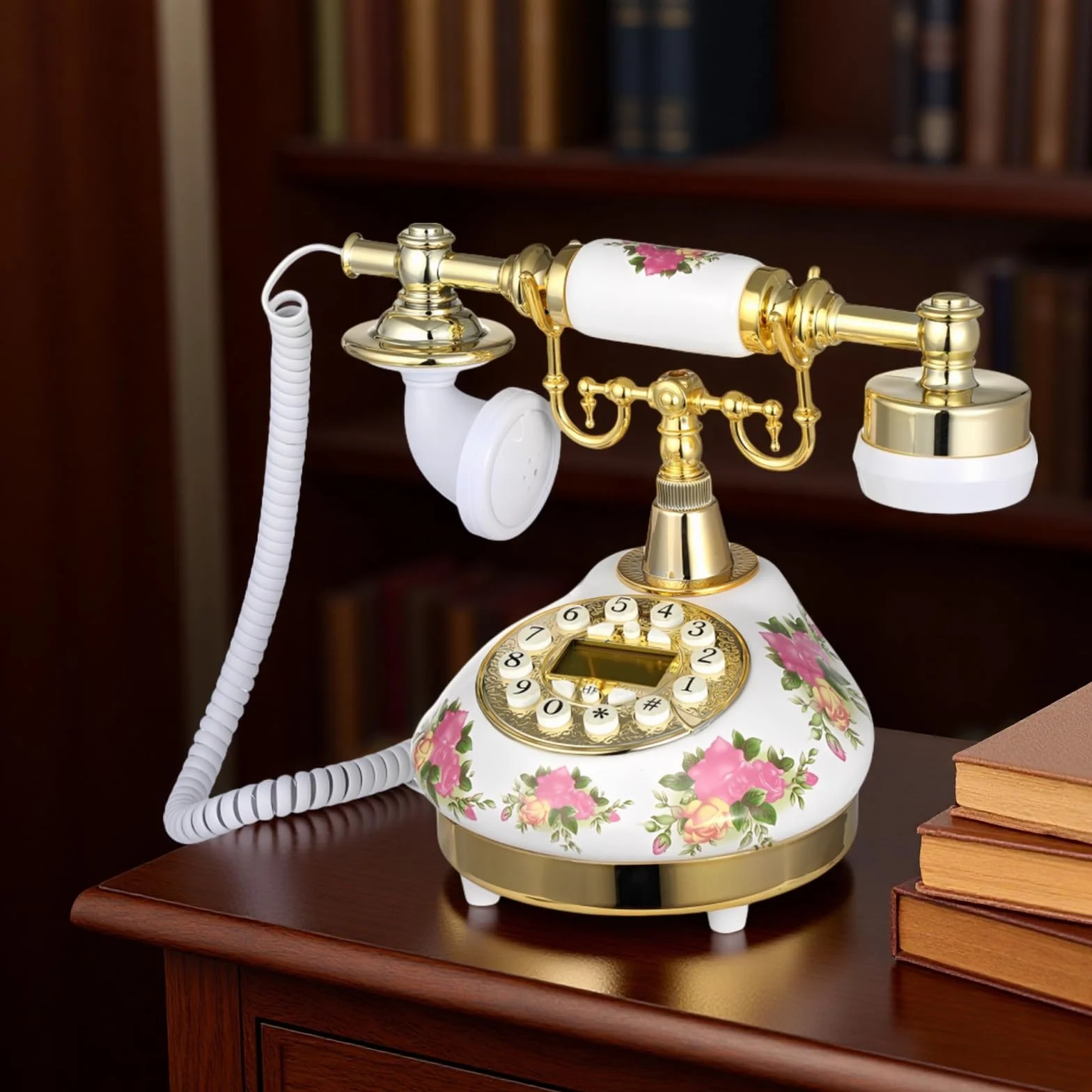 Antyczny ceramiczny telefon stacjonarny, telefon stacjonarny z nadrukiem kwiatowym, staromodny telefon z przyciskowym wyświetlaczem LCD, dzwonek z regulacją głośności telefonu stacjonarnego retro