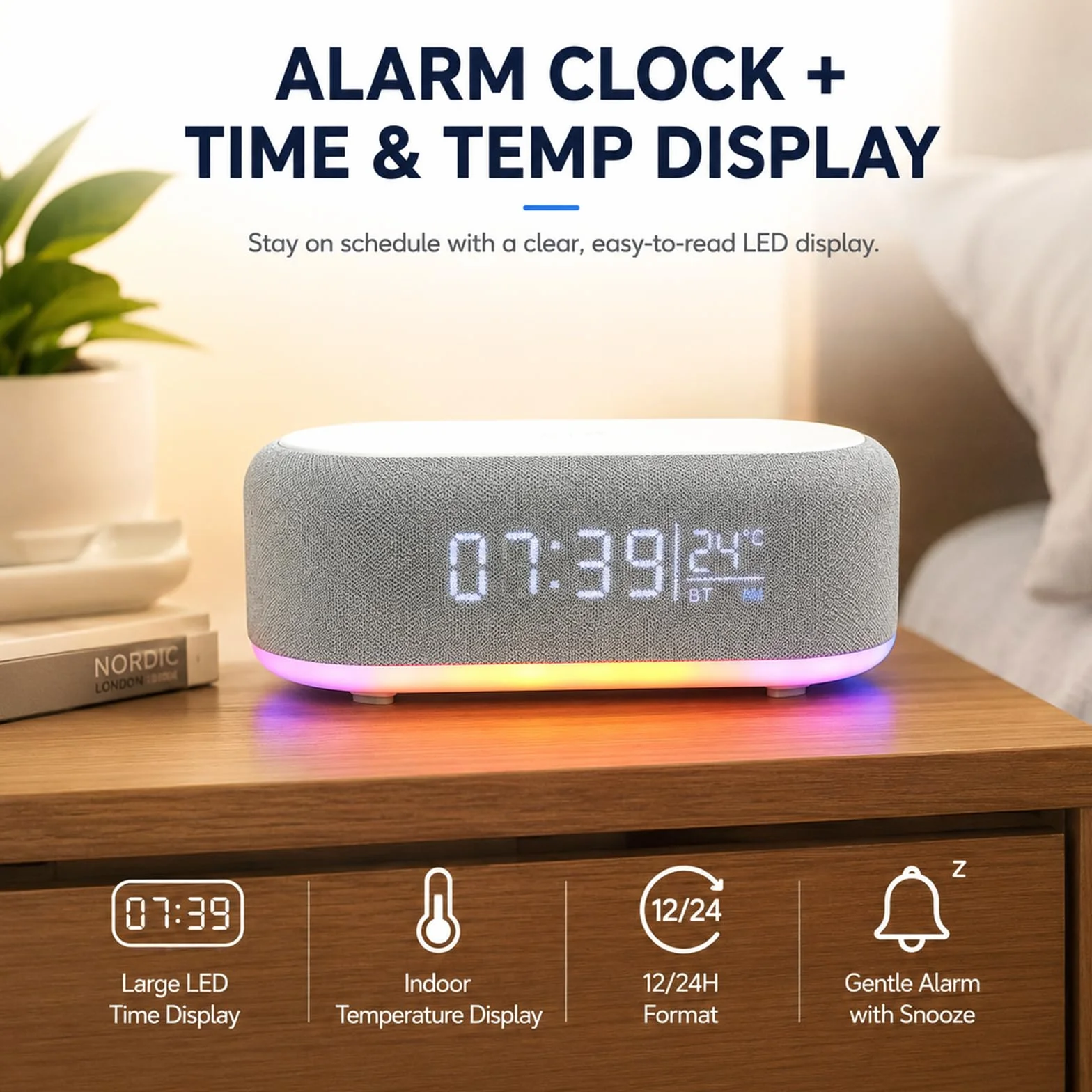 BYZESTY Radiobudzik Bluetooth z ładowaniem bezprzewodowym 15W, budzik radiowy cyfrowy, budzik audio Bluetooth cyfrowy 6 w 1 z światłem nocnym i zegarem, ładowarka USB do nocnego stoliku i biurka