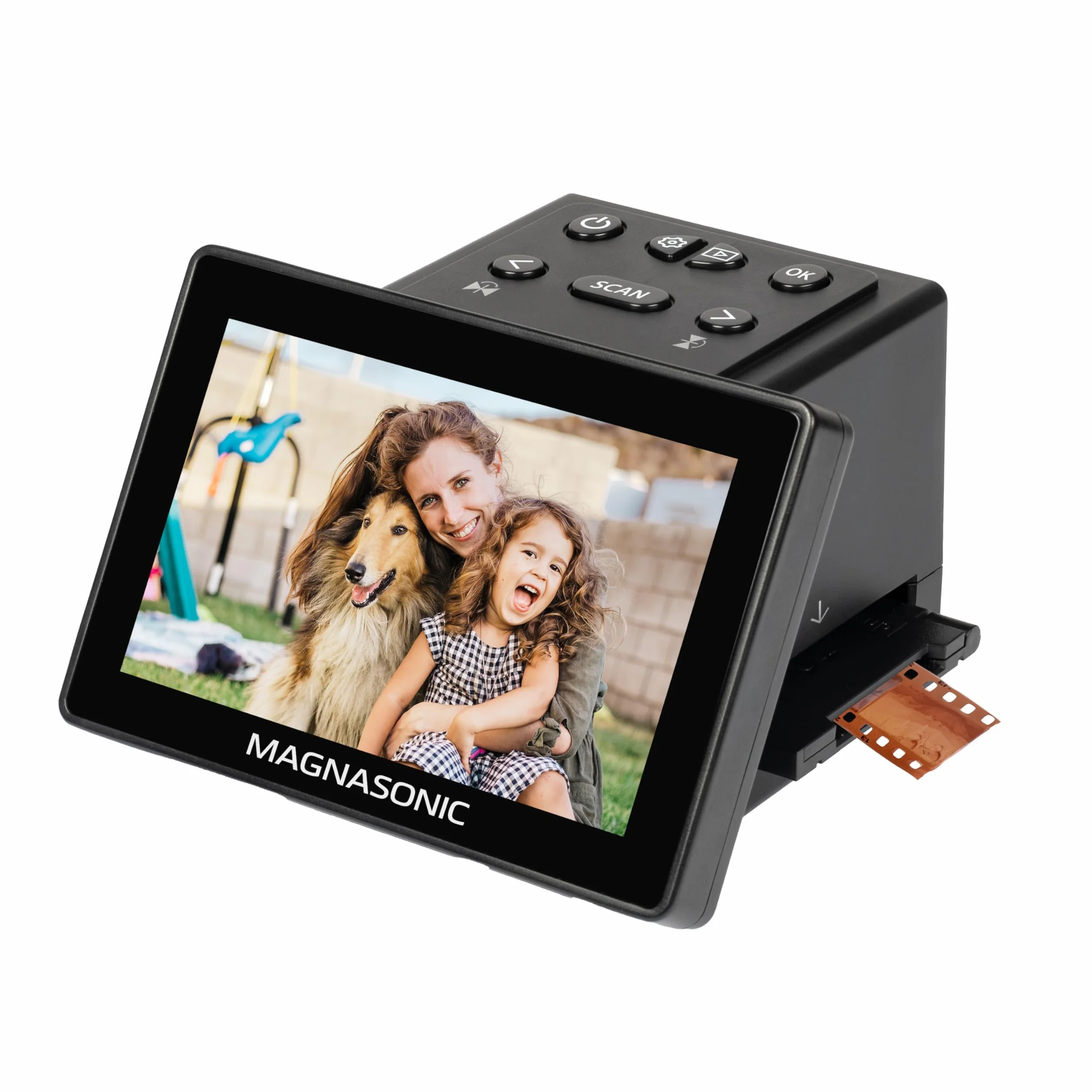 Skaner do filmów Magnasonic All-in-One 25MP z dużym wyświetlaczem 5" i HDMI – konwertuje klisze 35mm/126/110/Super 8 i slajdy 135/126/110 na zdjęcia cyfrowe, wbudowana pamięć
