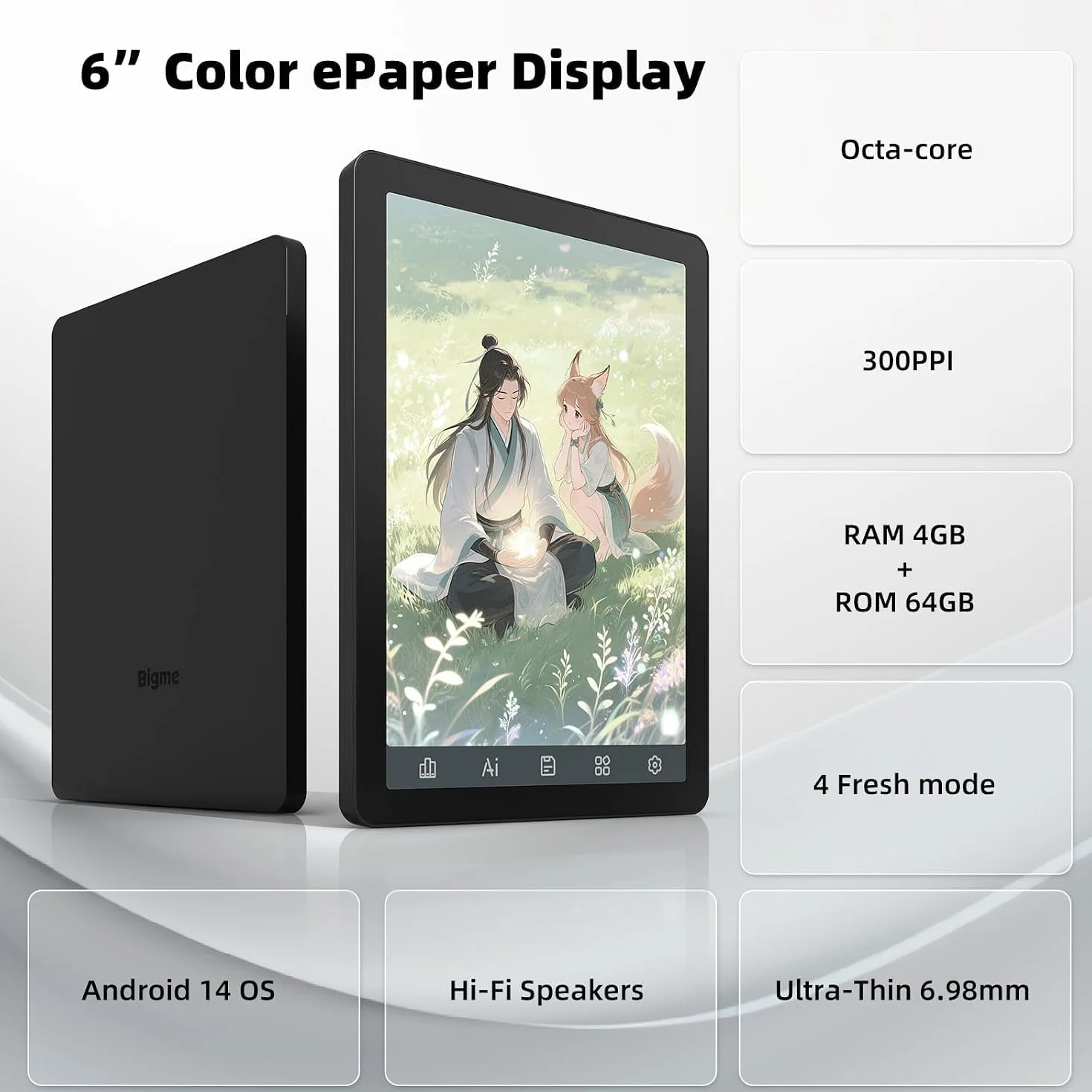 Bigme Kolorowy czytnik e-booków B6 z 4 GB + 64 GB, 6-calowy czytnik e-booków, czytnik e-booków z systemem Android, cyfrowy e-tablet z procesorem Octa-Core, Android 14, regulowane oświetlenie przednie