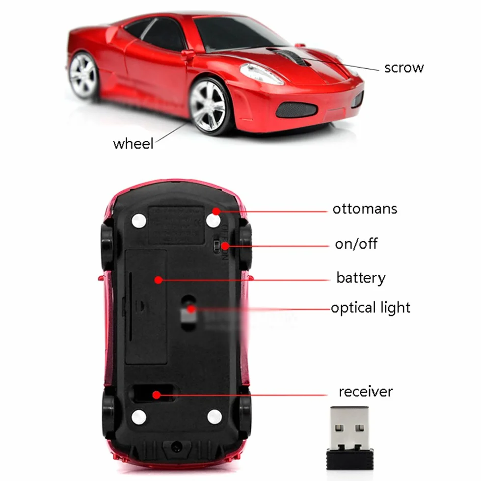 MGbeauty Mysz komputerowa moda samochód sportowy mysz bezprzewodowa 2,4 GHz 1600 dpi optyczne myszy do gier szara