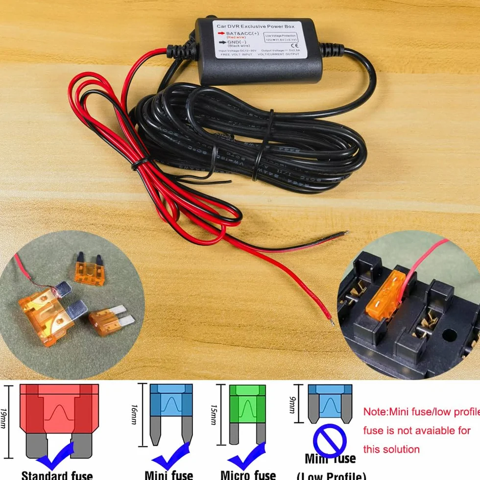 Gebildet Zestaw Przewodów do Kamery Samochodowej, Port Prostego złącza USB typu C, Zabezpieczenie przed Niskim Napięciem do Kamer Wideorejestracyjnych,12V do 24V DC do 5V/2.5A maks. z Bezpiecznikiem