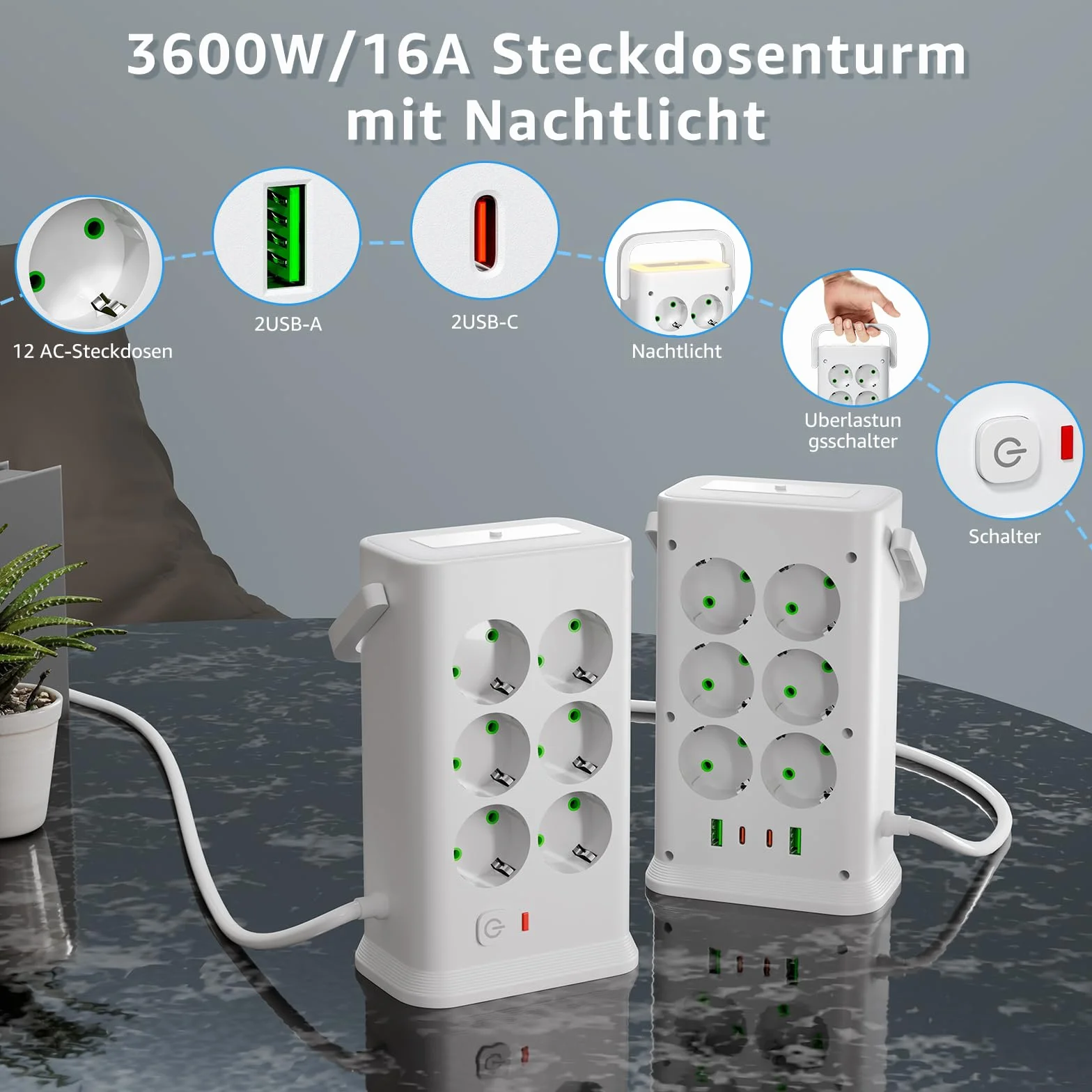 Listwa zasilająca z 12 gniazdami z 4 portami USB i światłem, listwa zasilająca 16 w 1, listwa zasilająca z przełącznikiem, ochrona przed przepięciem, przedłużacz 2 m, do domu, biura