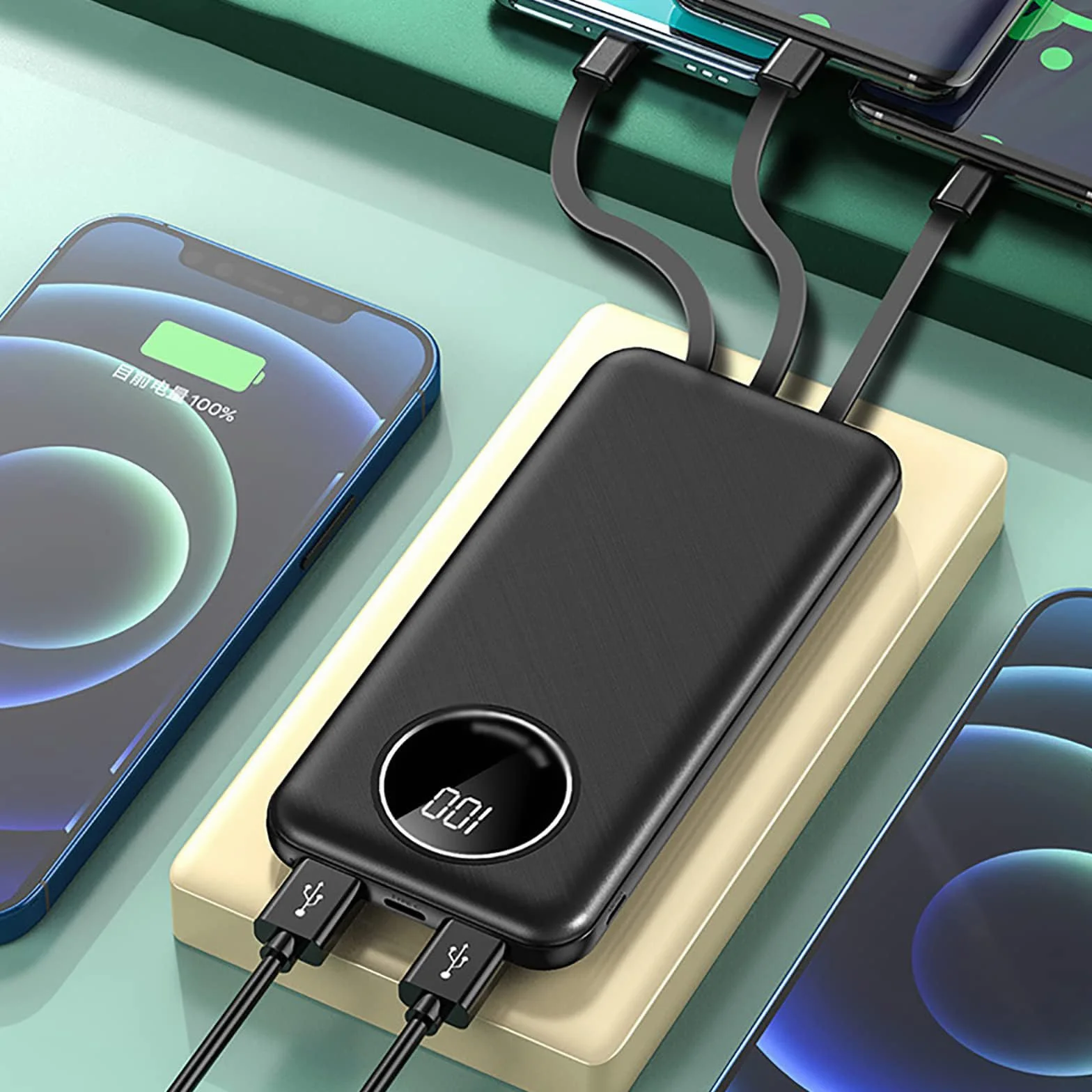 Powerbank 30000mAh Wbudowany kabel Powerbank z 5 wyjściami Duża pojemność Zewnętrzny akumulator do smartfona 5V 2.1A Szybkie ładowanie,Green