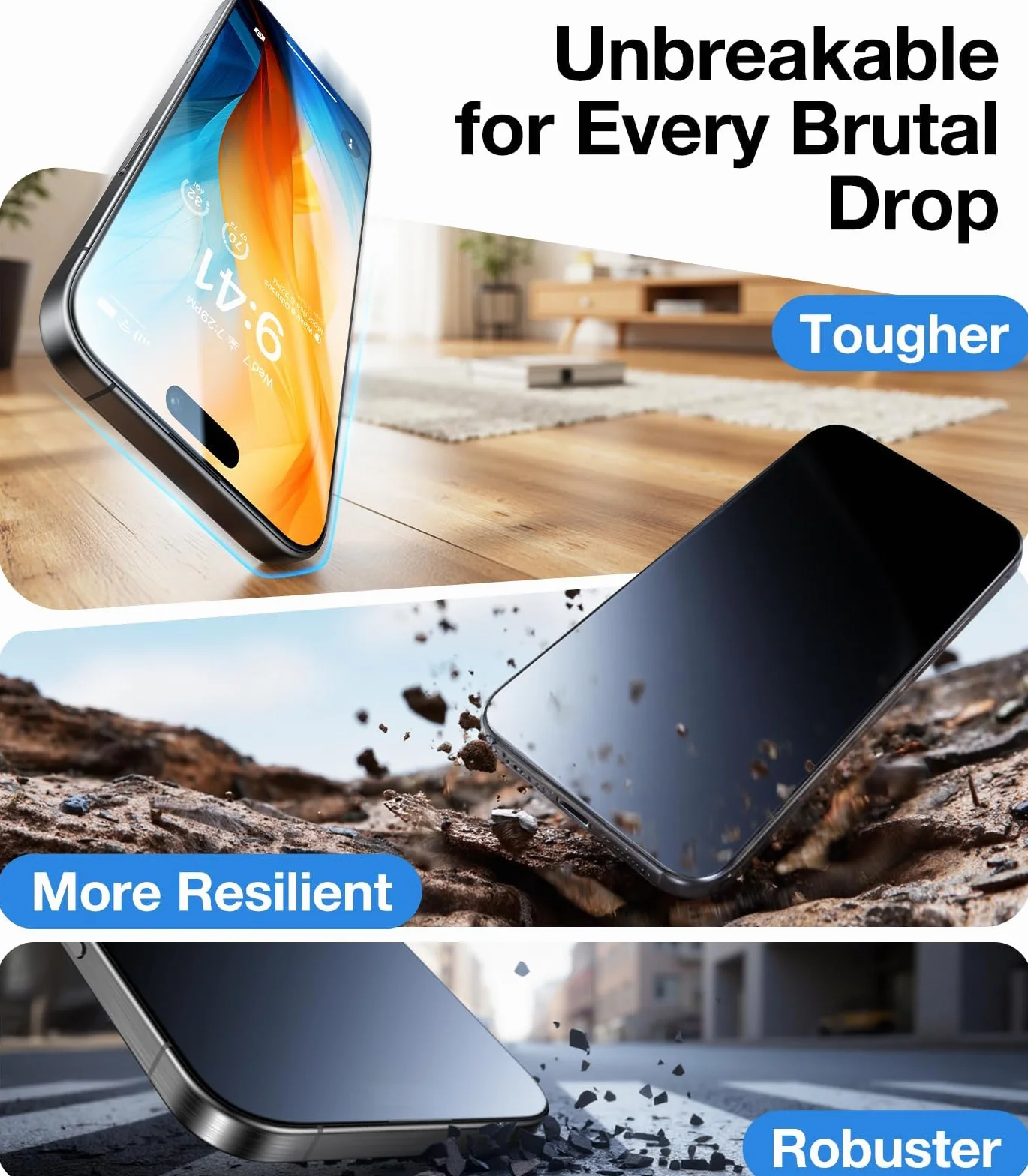 UltraGlass Unbreak Top szkło 9H+ do iPhone'a 16 Pro ochraniacz ekranu 16.0 cm (12FT klasy wojskowej) szkło hartowane 16 Pro (najdłuższe trwałe) pełne pokrycie 16Pro, 2 sztuki