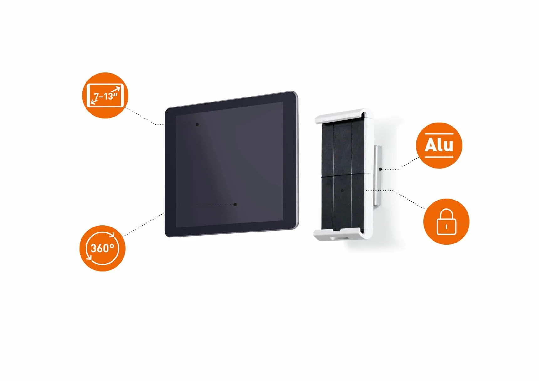 Durable uchwyt ścienny na tablet (dla tabletów 7-13 cali, obracany o 360° z zabezpieczeniem przed kradzieżą) biały