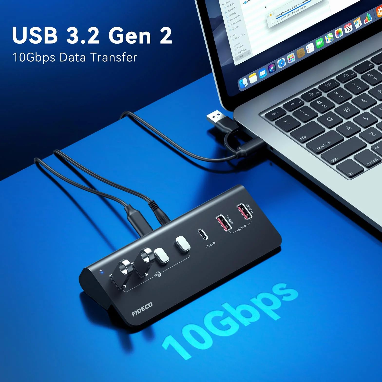 FIDECO 7-portowy hub USB 72 W, hub USB C z 1 PD 45 W, 2 portami ładowania QC 3.0 i 4 portami USB 3.2 (2 USB A + 2 USB C), aluminiowy hub USB 10 Gb/s do laptopa, komputera, MacBooka, iPhone'a 17/16/15