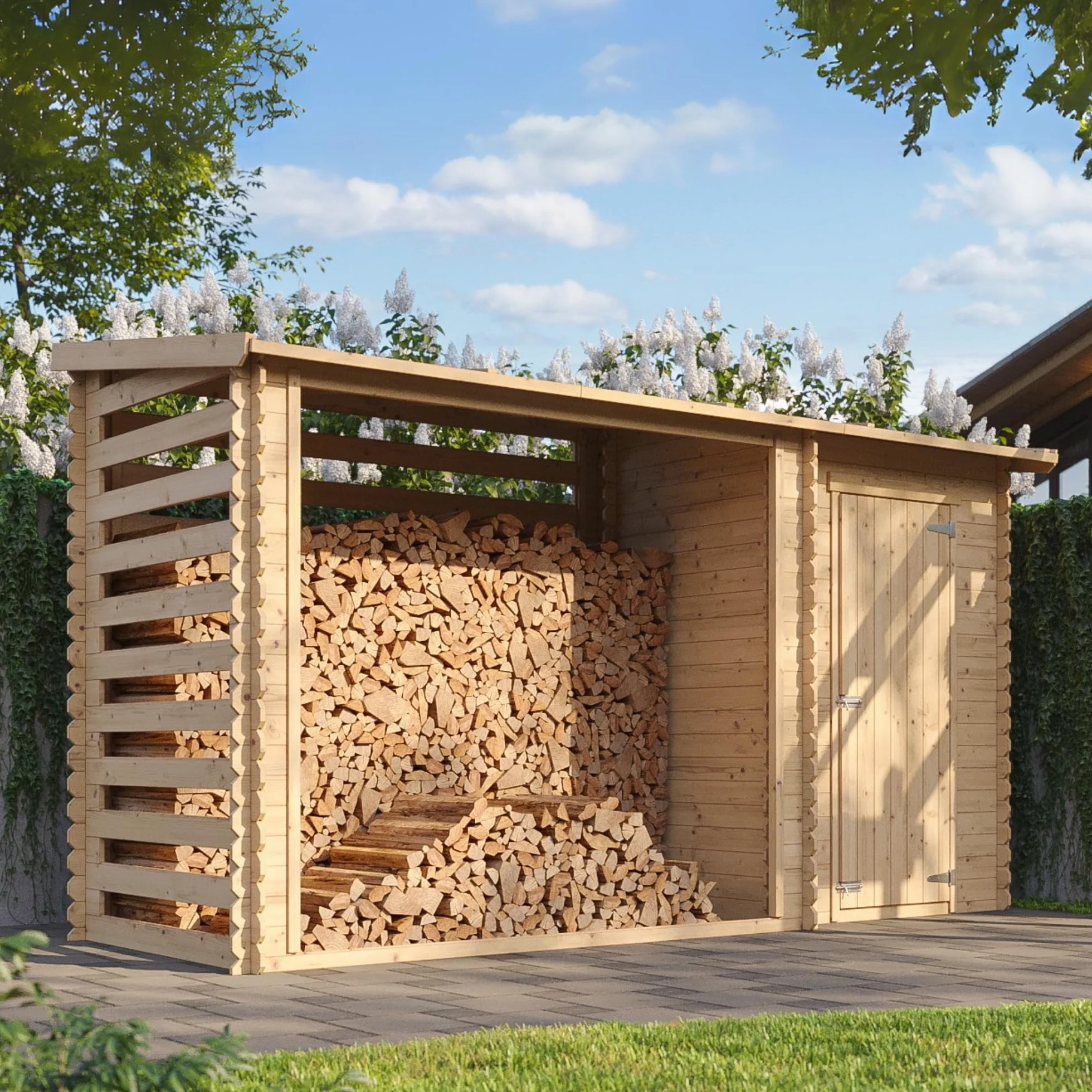 TIMBELA Drewniana szopa ogrodowa M205 – domek ogrodowy z regałem na drewno opałowe – domek ogrodowy z drewna szer. 344 x dł. 146 x wys. 199 cm / 3,64 m2 – szopa ogrodowa z wodoodpornym dachem –