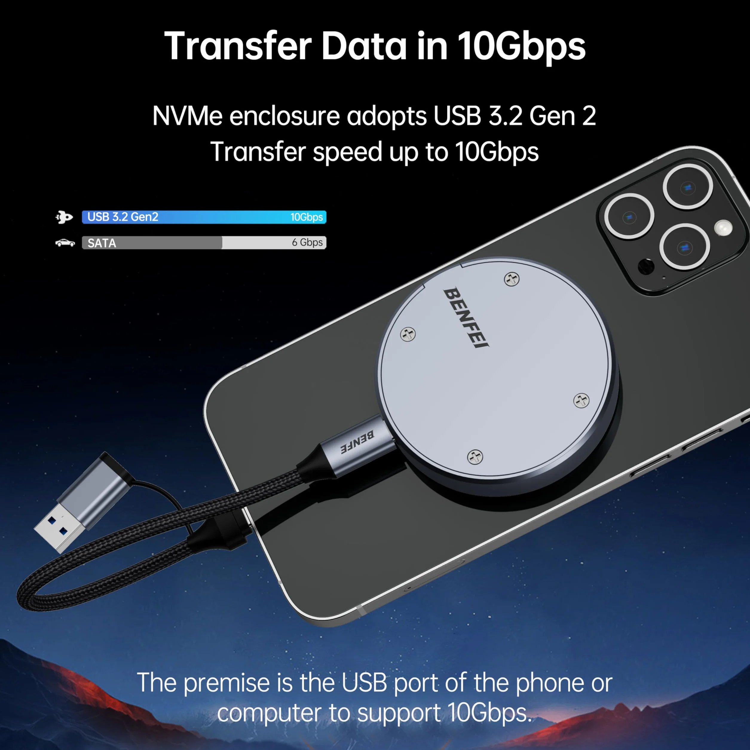 Magnetyczna obudowa BENFEI 10 Gb/s M.2 NVME SSD z ochroną przed utratą zasilania 10 s, MagSafe dla iPhone'a 15 Max ProRes, aluminiowa obudowa | Obsługuje ochronę przed utratą zasilania 10s dla iPhone'a 15 Max ProRes, aluminiowa obudowa