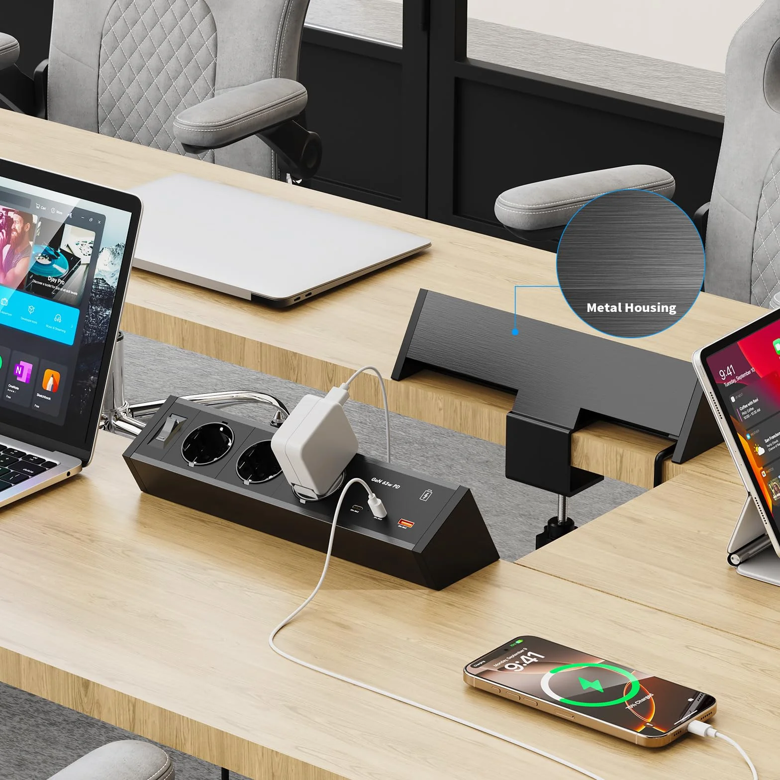 Gniazdo wtykowe stołowe z USB-C PD 65 W GaN, 3-krotna listwa zasilająca na biurko, listwa zasilająca do zaciskania z aluminiową obudową, do biura i domowego biura, 25 W USB-A, kabel 3 m, czarne