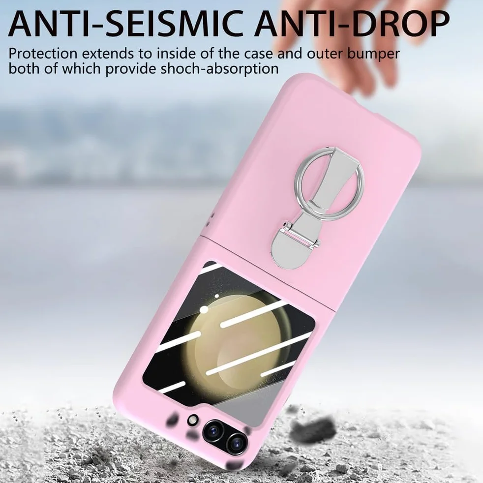 Odporne na wstrząsy etui do Samsung Galaxy Z Flip 7, osłona ekranu ze szkła hartowanego, etui na telefon z metalowym uchwytem pierścieniowym, stojak, smukłe, twarde etui z PC, fioletowe