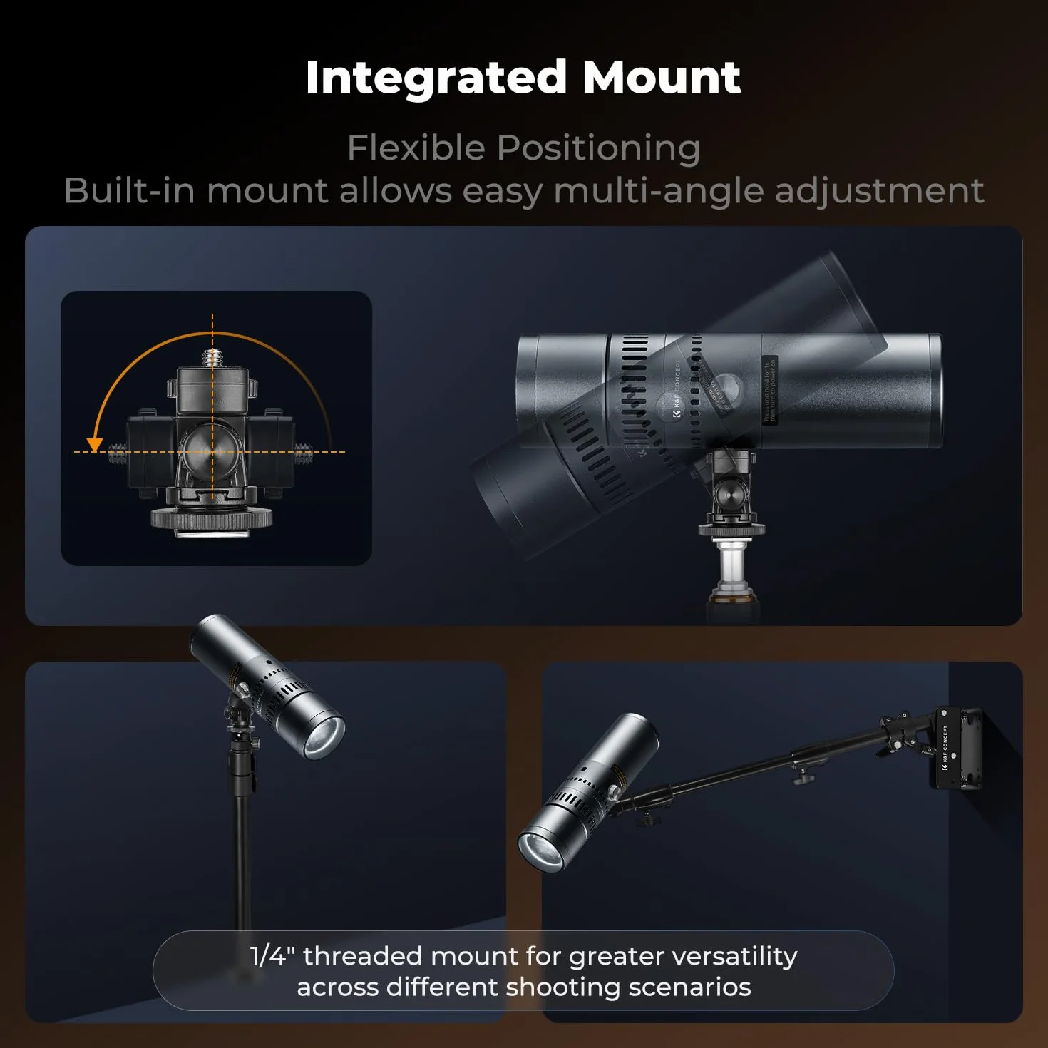K&F CONCEPT SP25C Latarka LED 25 W z Gimbal DIY GOBO, ładowanie 30 W, szara | Możliwość dostosowania, ściemniania i zoomu 6500 K, bateria 9000mAh (3,7 V), 20 filtrów światła, szybkie ładowanie 30 W