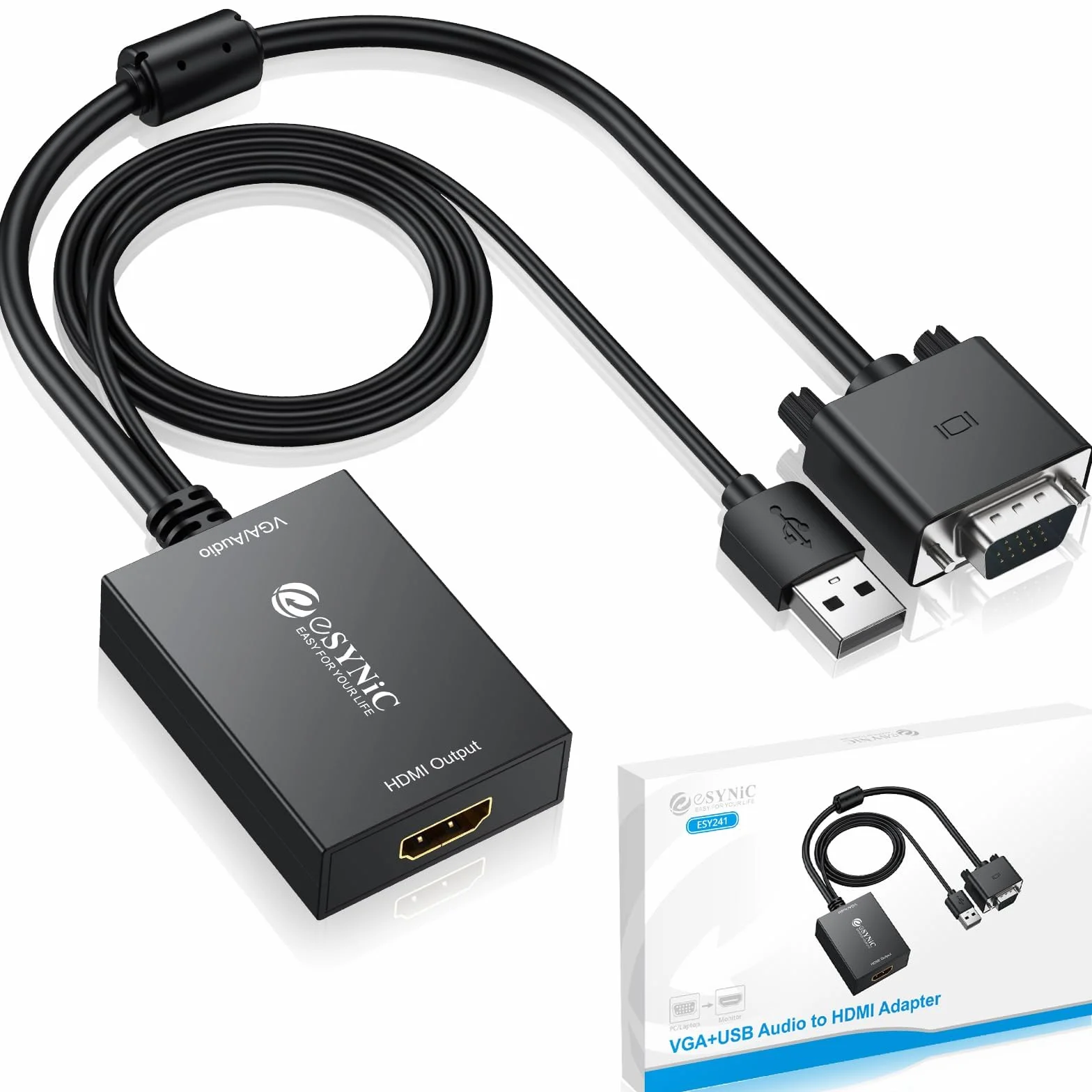 eSynic Adapter VGA na HDMI 1080p, nadaje się do komputerów stacjonarnych, laptopów, monitorów komputerowych, projektorów, telewizorów HD i innych urządzeń (1 metr)