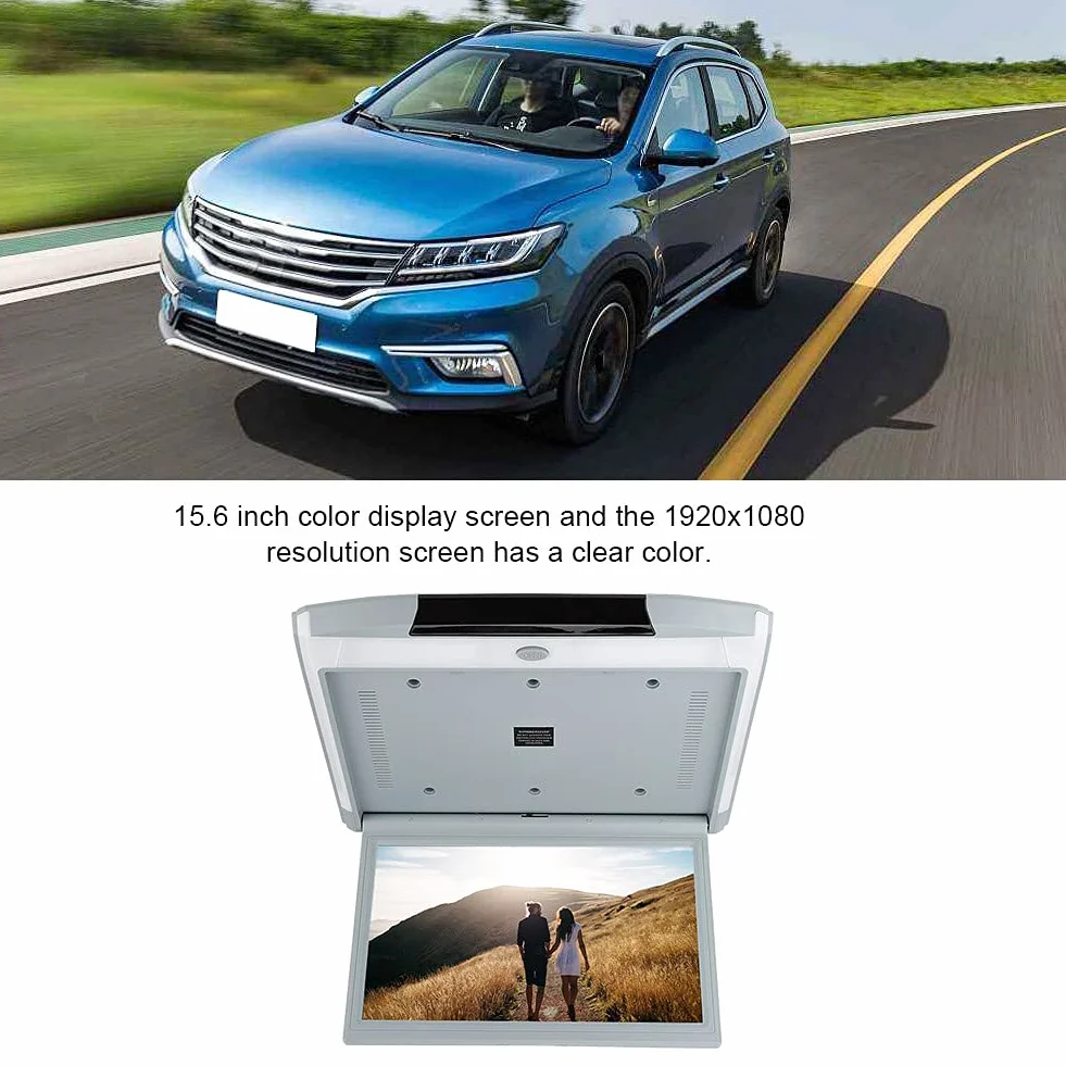 Monitor montażu dachowego Xtevu, ekran samochodowy w dół, wyświetlacz wideo 15,6 cala HDMI USB, samochodowy monitor rozrywki na głowie, ekran dotykowy montowany na