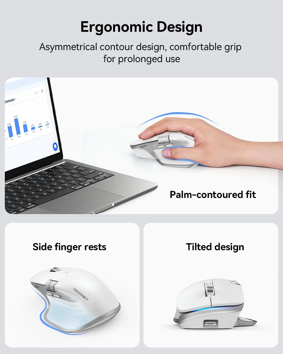 TECKNET Bezprzewodowa Mysz Bluetooth (BT 5.3/5.0+2,4G), Boczne Kółko Przewijania, Ładowalna Mysz Ergonomiczna, Ciche Klikanie, 4800 DPI, 7 Przycisków, dla Mac OS, Windows, Biały | 3 tryby (BT 5.3/5.0+2.4G), cichy, 6 regulowanych poziomów DPI, kompatybilny