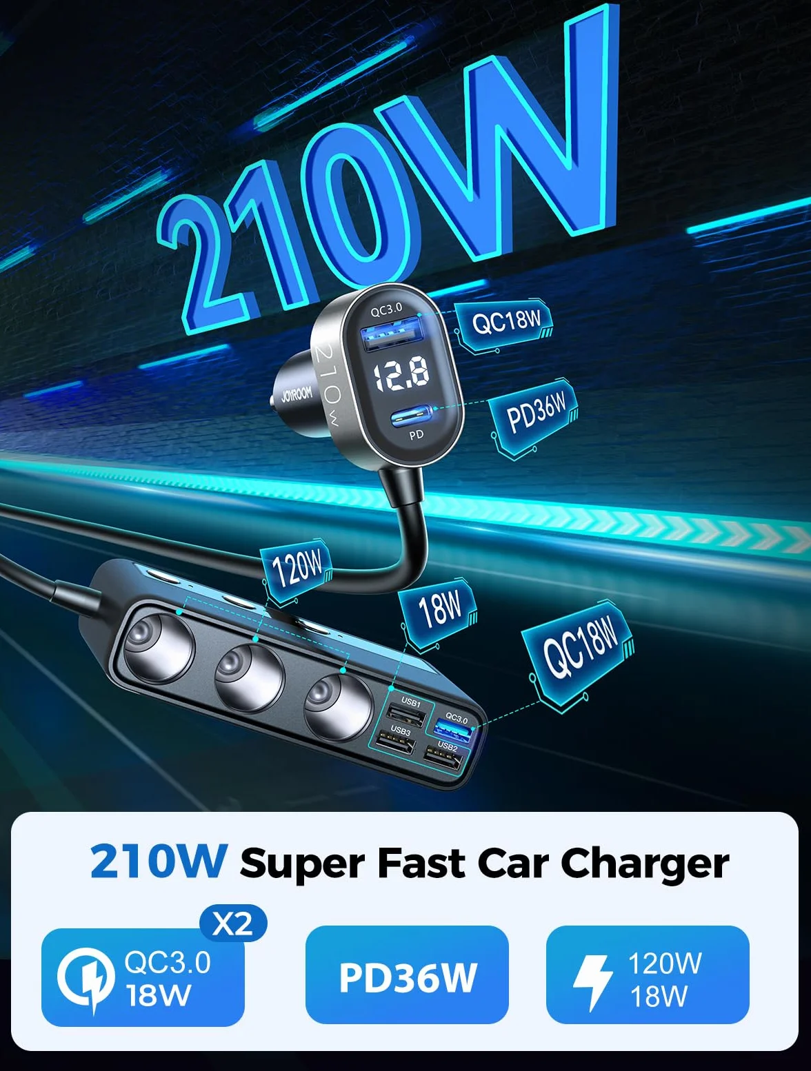 JOYROOM Rozdzielacz zapalniczki, adapter do ładowarki samochodowej 154 W, 3-komorowy rozdzielacz kabla ładującego 12 V/24 V z 5 portami USB do iPhone'a 15/iPada/Dashcam/GPS/ogrzewania siedzenia