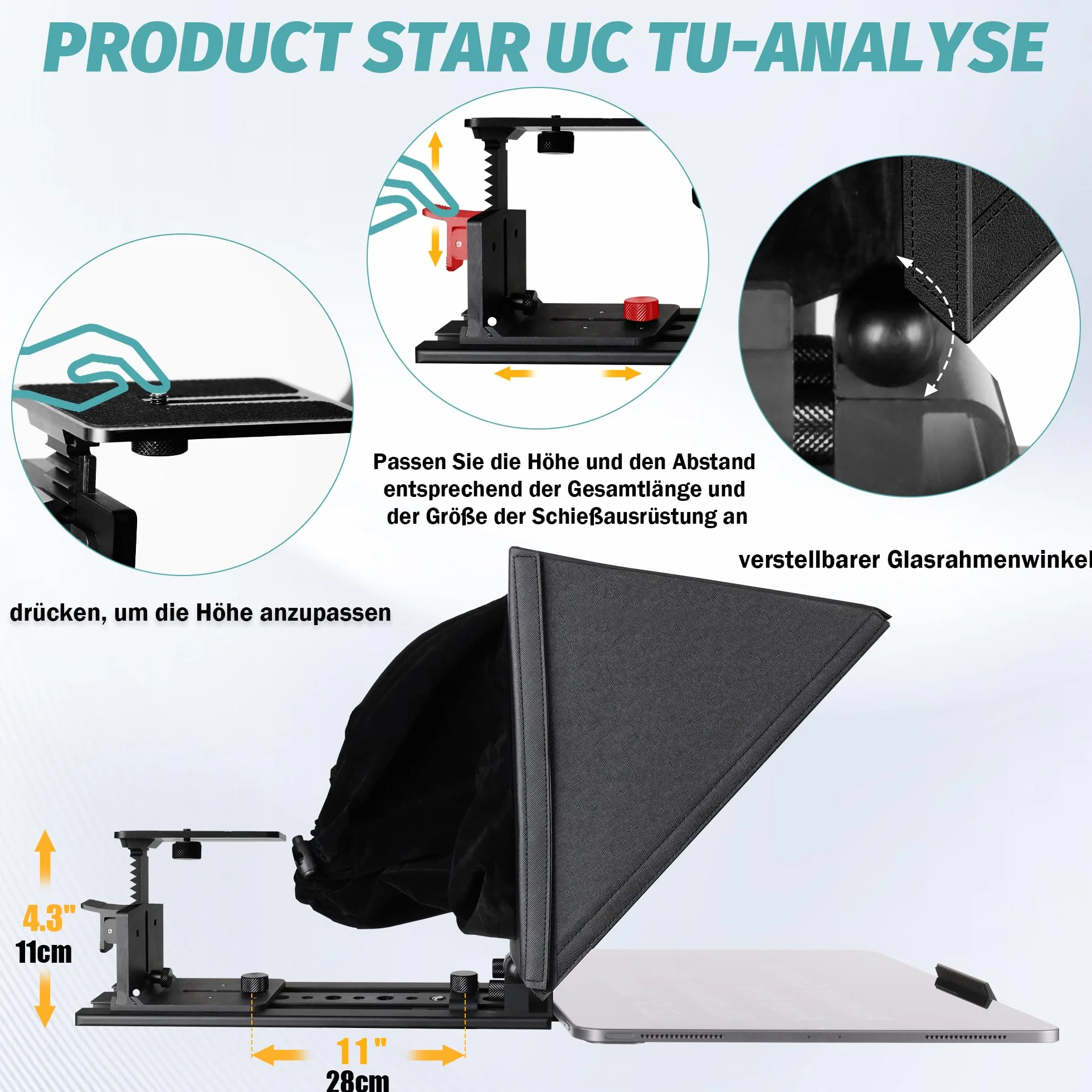 Teleprompter 16", z pilotem zdalnego sterowania i aplikacją Prompter, szkło spektroskopowe 70/30, aluminiowa rama, nadaje się do krótkich filmów i przemówień