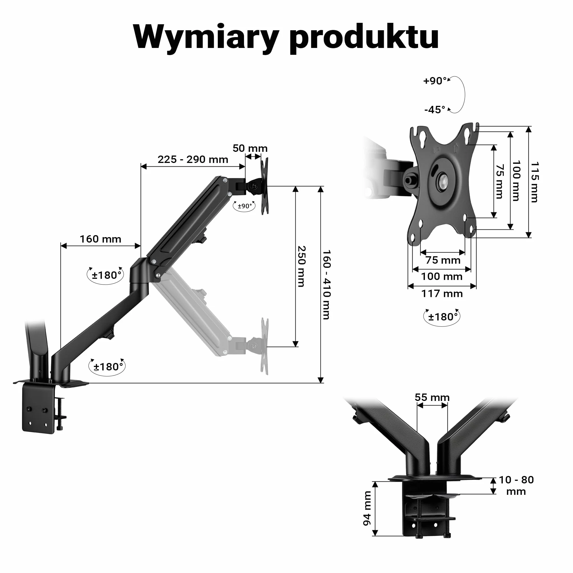 Wiltec Podwójny uchwyt monitorowy z sprężyną gazową do dwóch monitorów 17-27 cali Uchwyt stołowy VESA