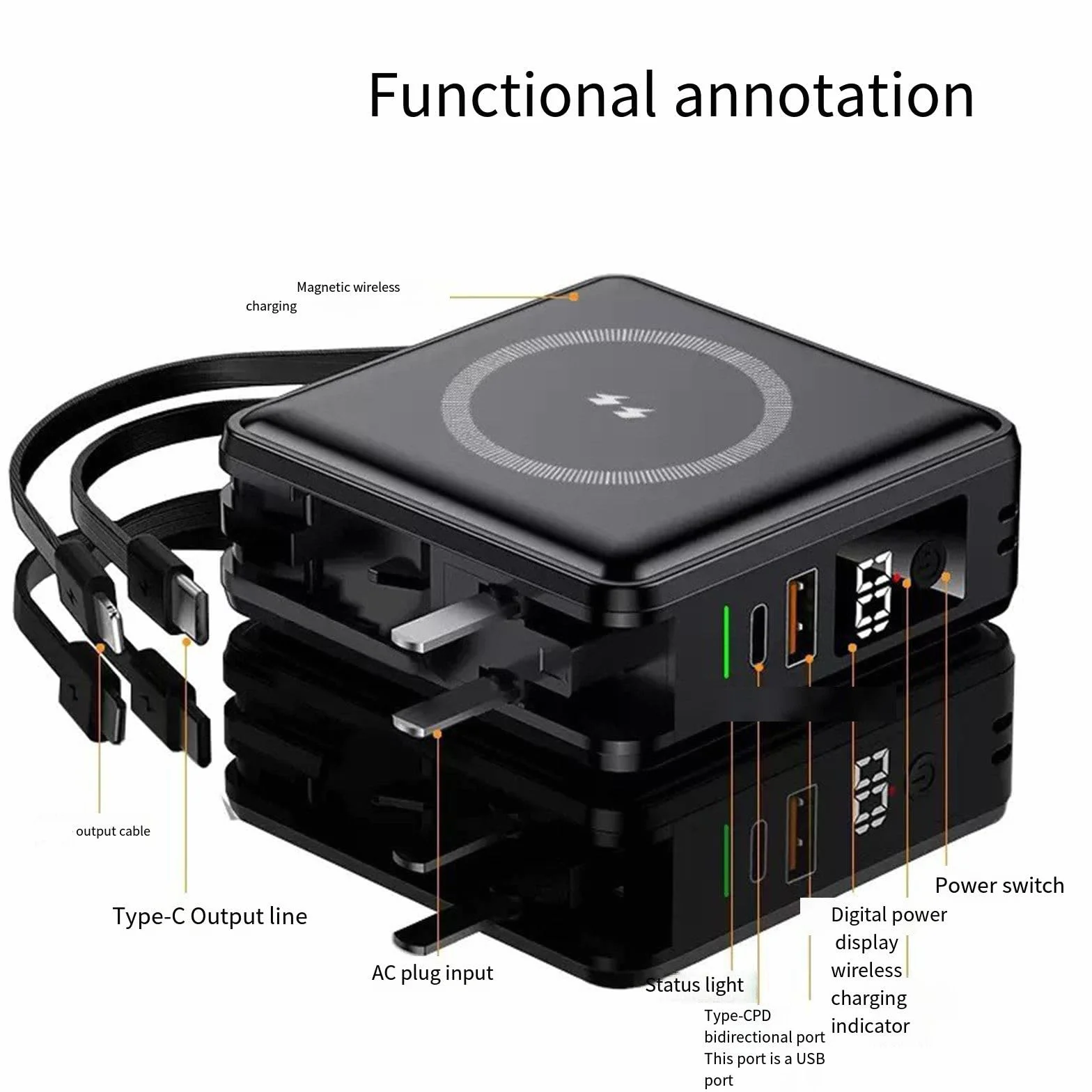 Ładowarka bezprzewodowa magnetyczna 15 W z podwójnym przewodem Pd22,5 W, szybki powerbank o dużej pojemności, przenośny zasilacz, czarny