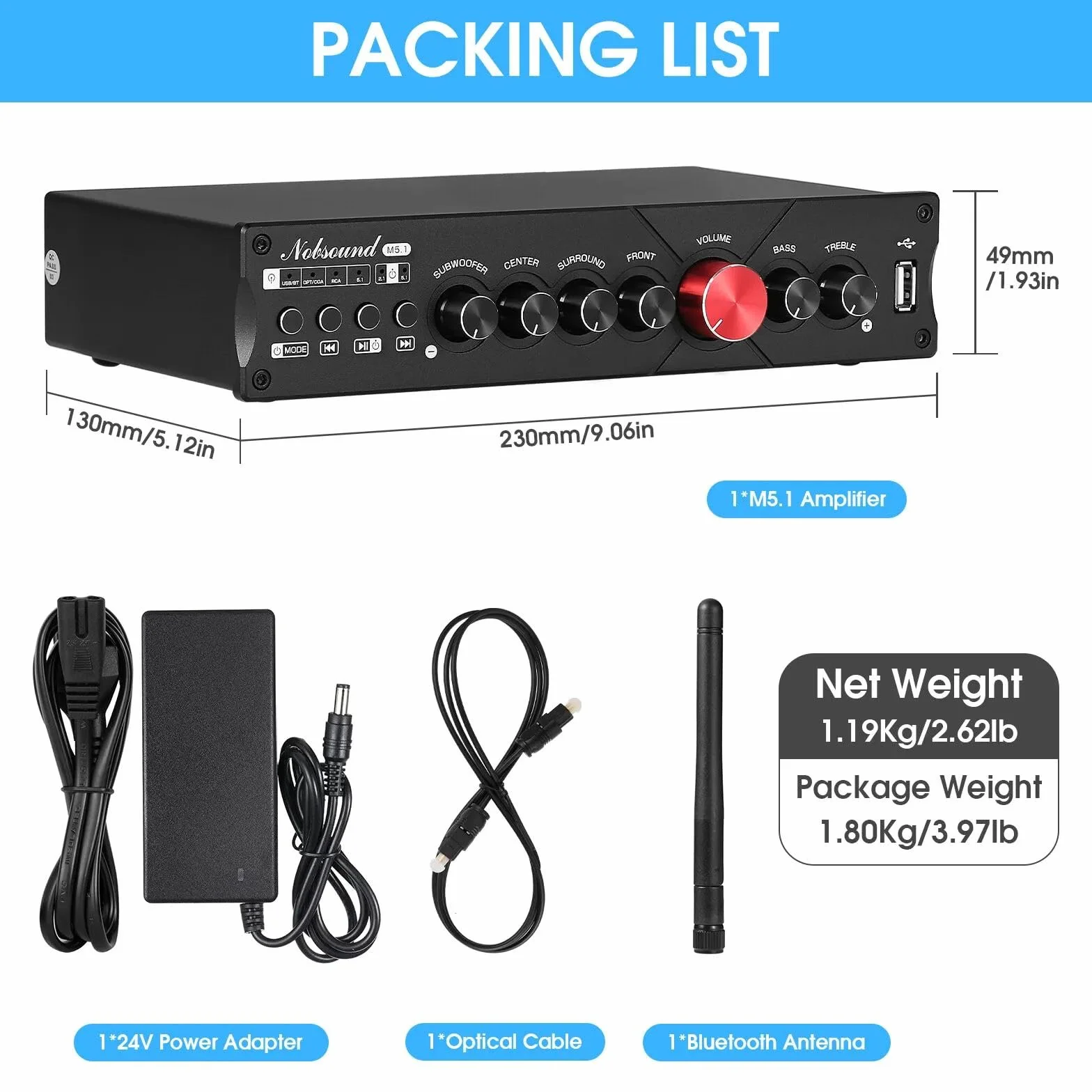 Nobsound HiFi 5.1-kanałowy wzmacniacz Bluetooth stereo kino domowe Power Amp Subwoofer wzmacniacz audio Amplifier