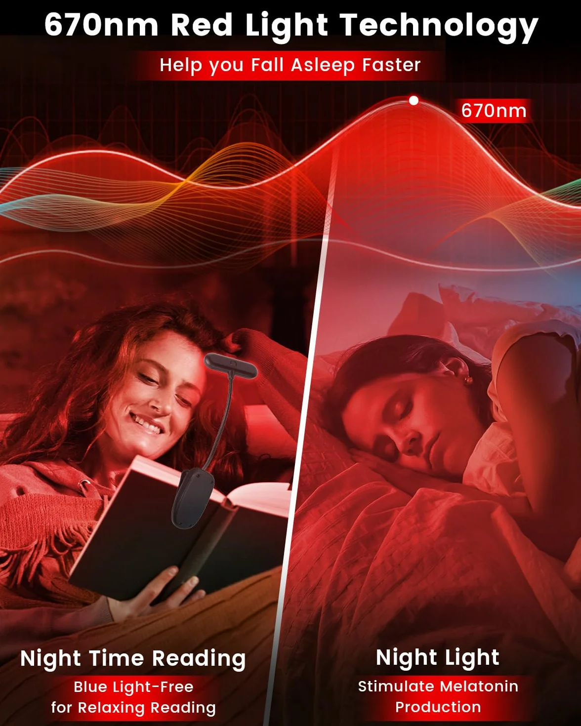Czerwona Światło do Czytania 670nm z Zaciskiem, Regulowana USB-Ładowana Lampka Nocna dla Snu i Ochrony Wzroku, Przenośna Książkowa z Pamięcią Jasności [Klasa Energetyczna F]